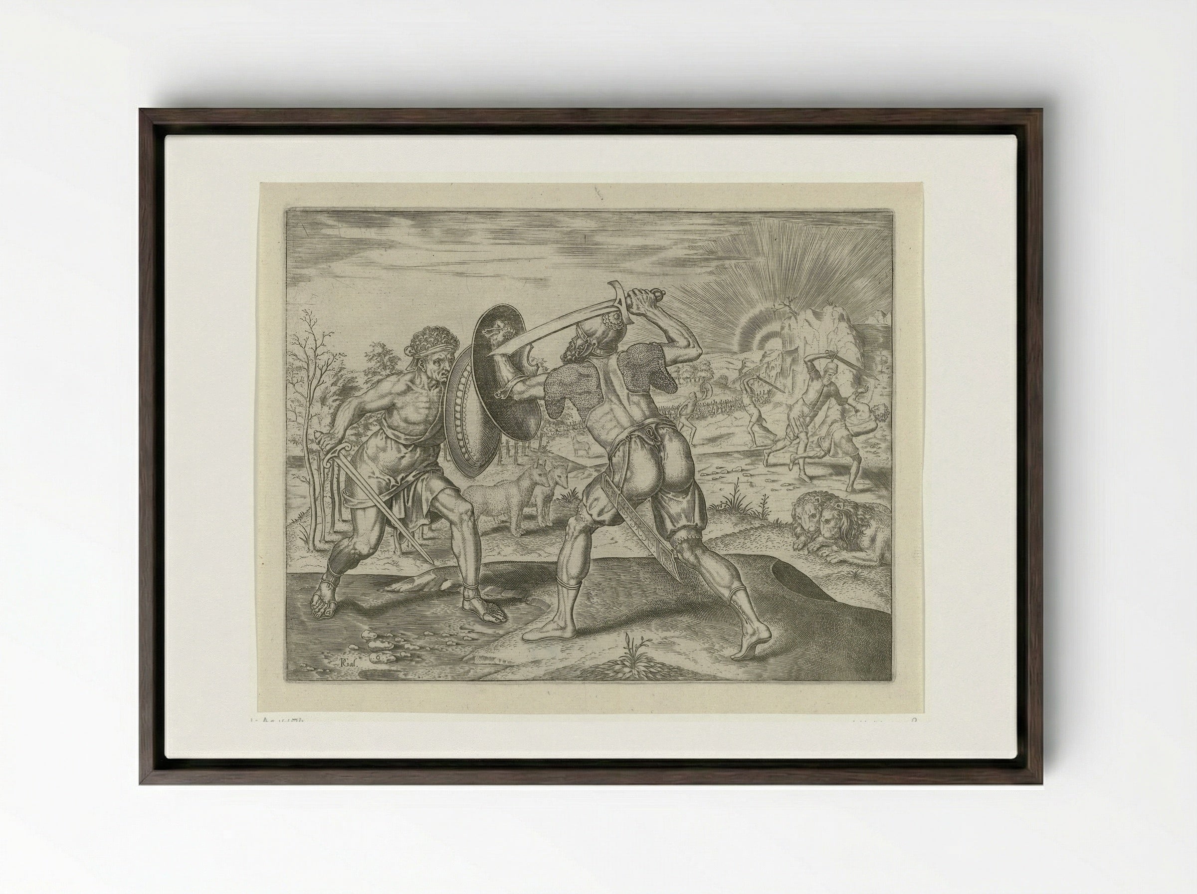 De mens vecht tegen zijn eigen soort - Philips Galle - Framed Canvas Dark Wood