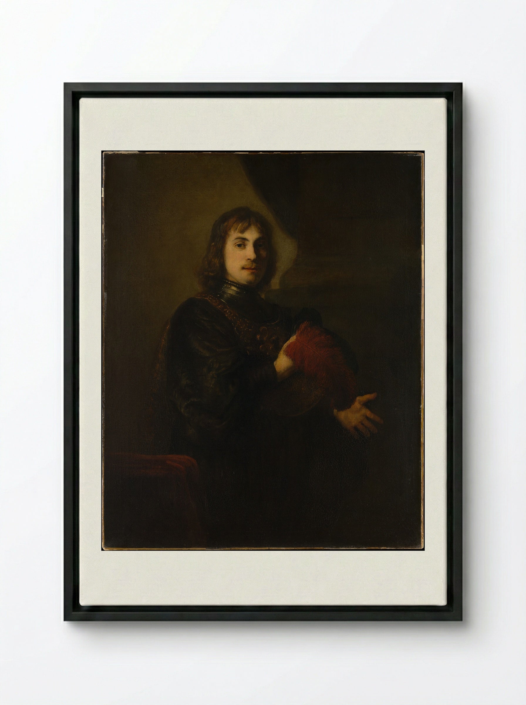 Portrait of a Man with a Breastplate and Plumed Hat - Rembrandt van Rijn - Framed Canvas Black