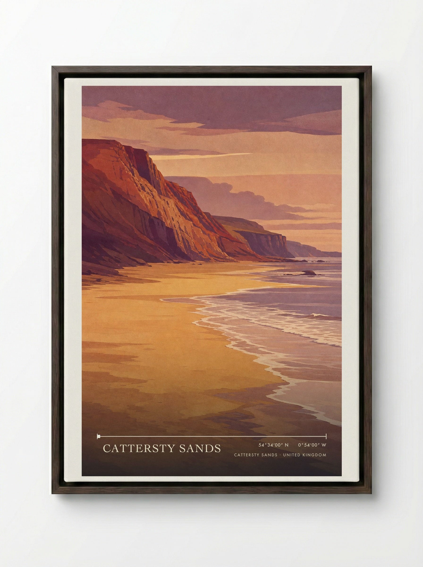 Cattersty Sands United Kingdom Travel Poster - Framed Canvas Dark Wood