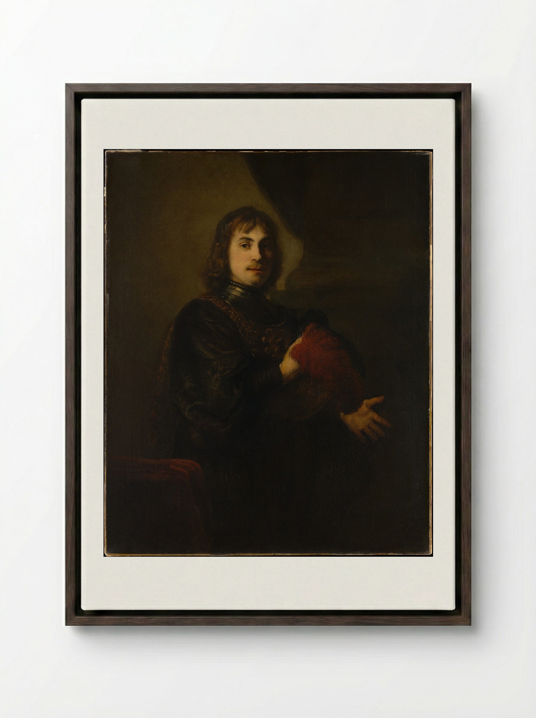 Portrait of a Man with a Breastplate and Plumed Hat - Rembrandt van Rijn - Framed Canvas Dark Wood