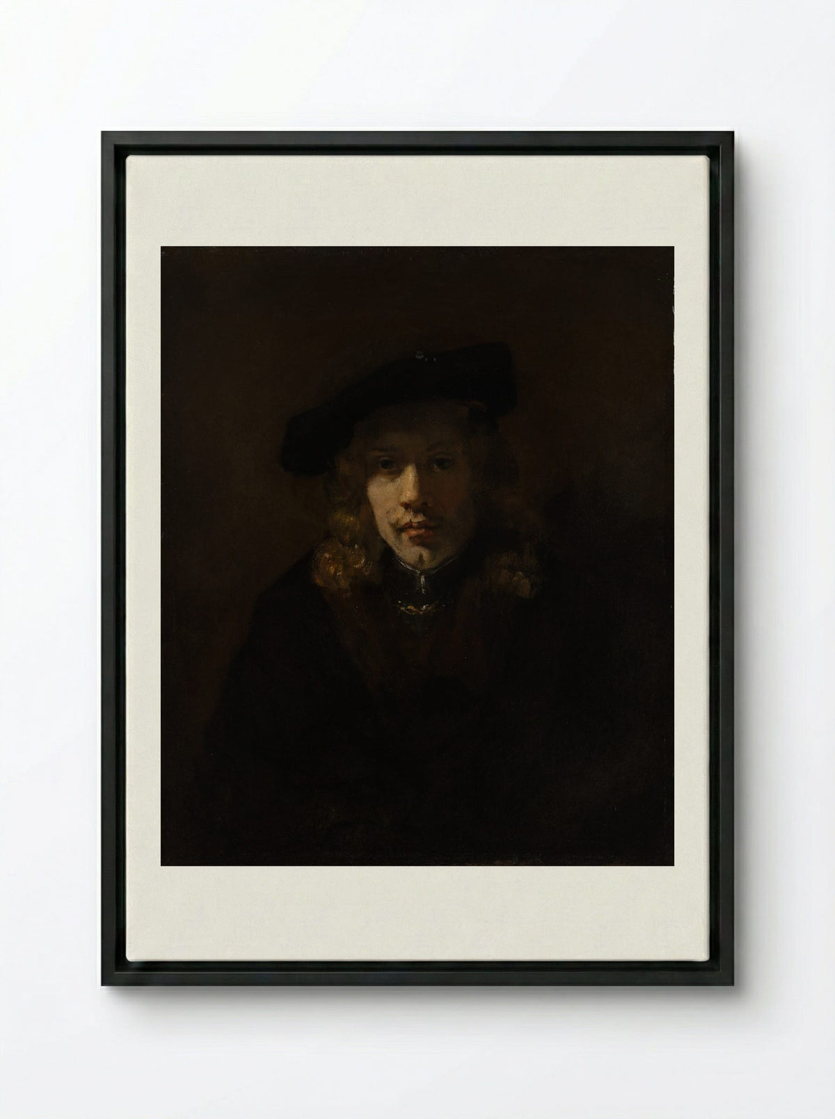 Self-Portrait with Beret and Turned-Up Collar - Rembrandt van Rijn - Framed Canvas Black