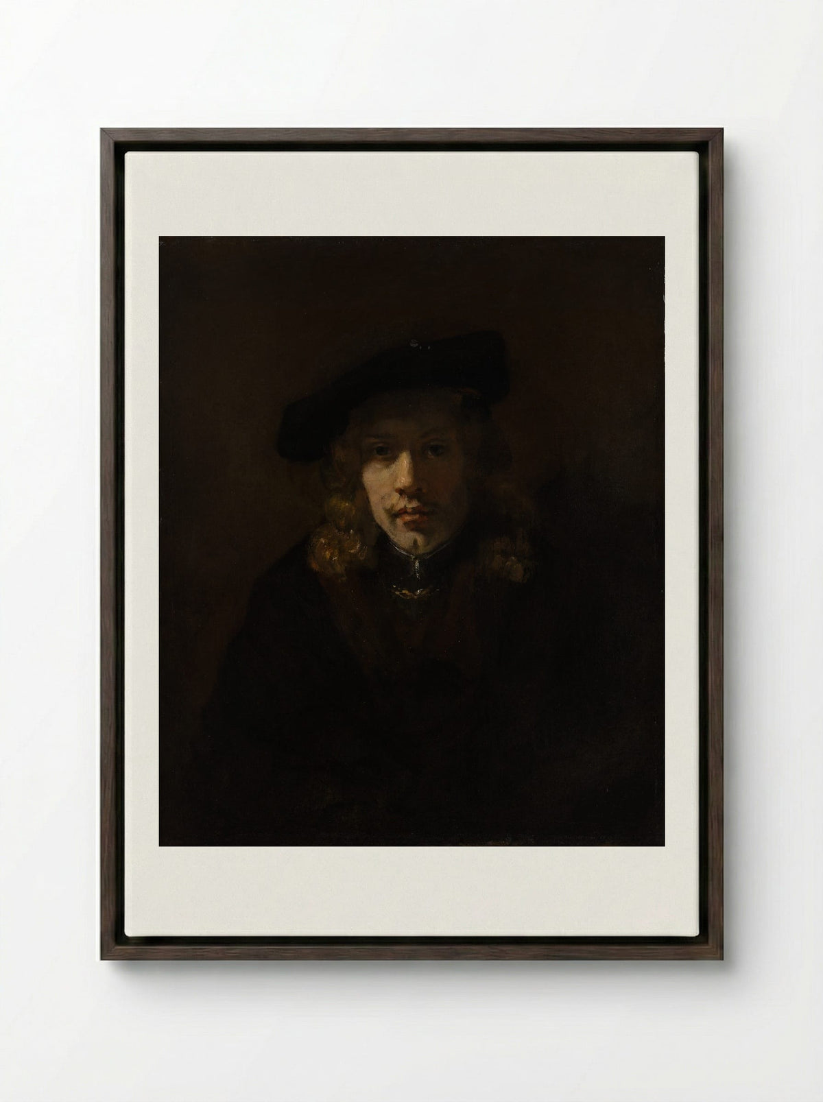 Self-Portrait with Beret and Turned-Up Collar - Rembrandt van Rijn - Framed Canvas Dark Wood