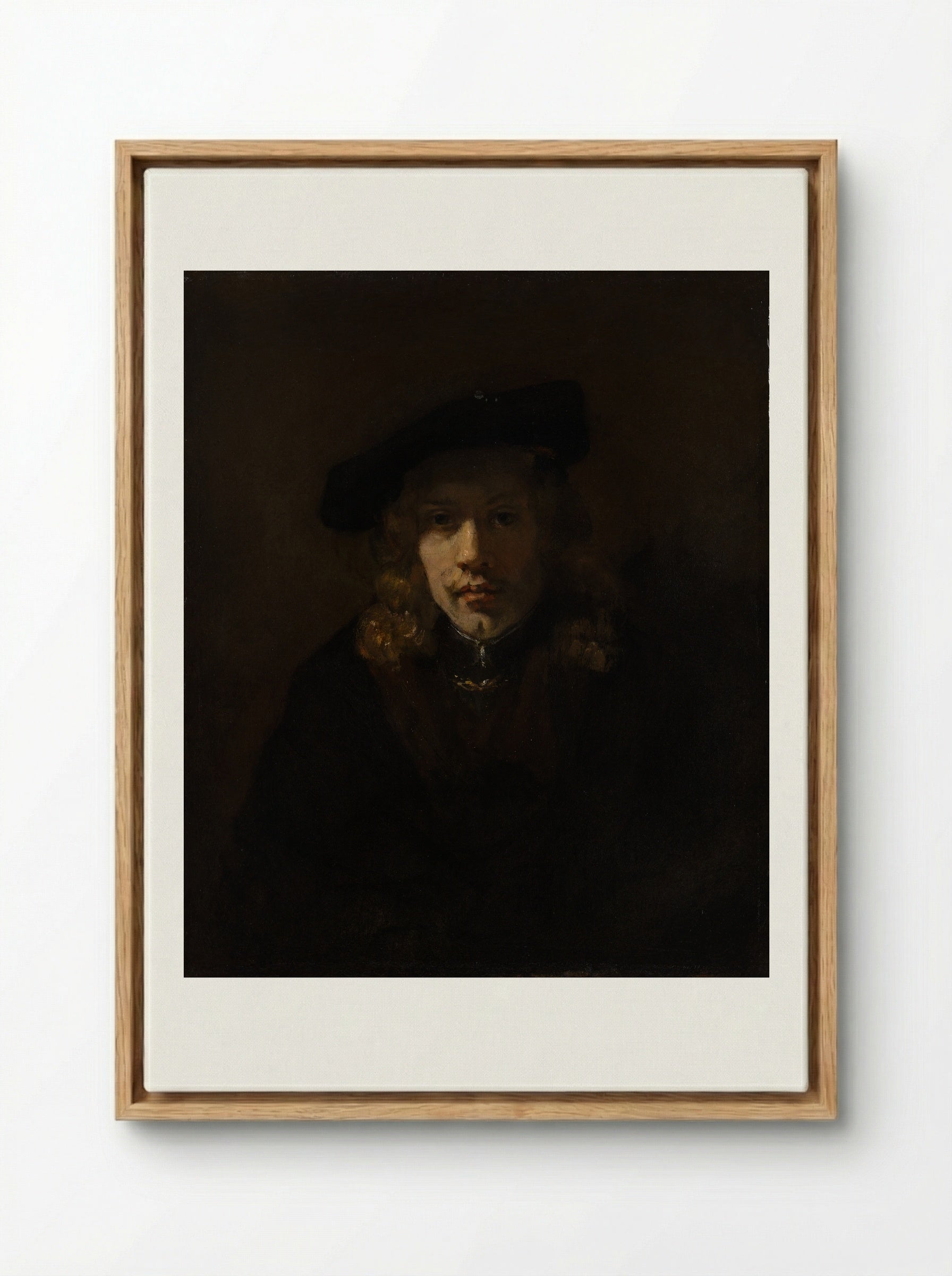 Self-Portrait with Beret and Turned-Up Collar - Rembrandt van Rijn - Framed Canvas Wood