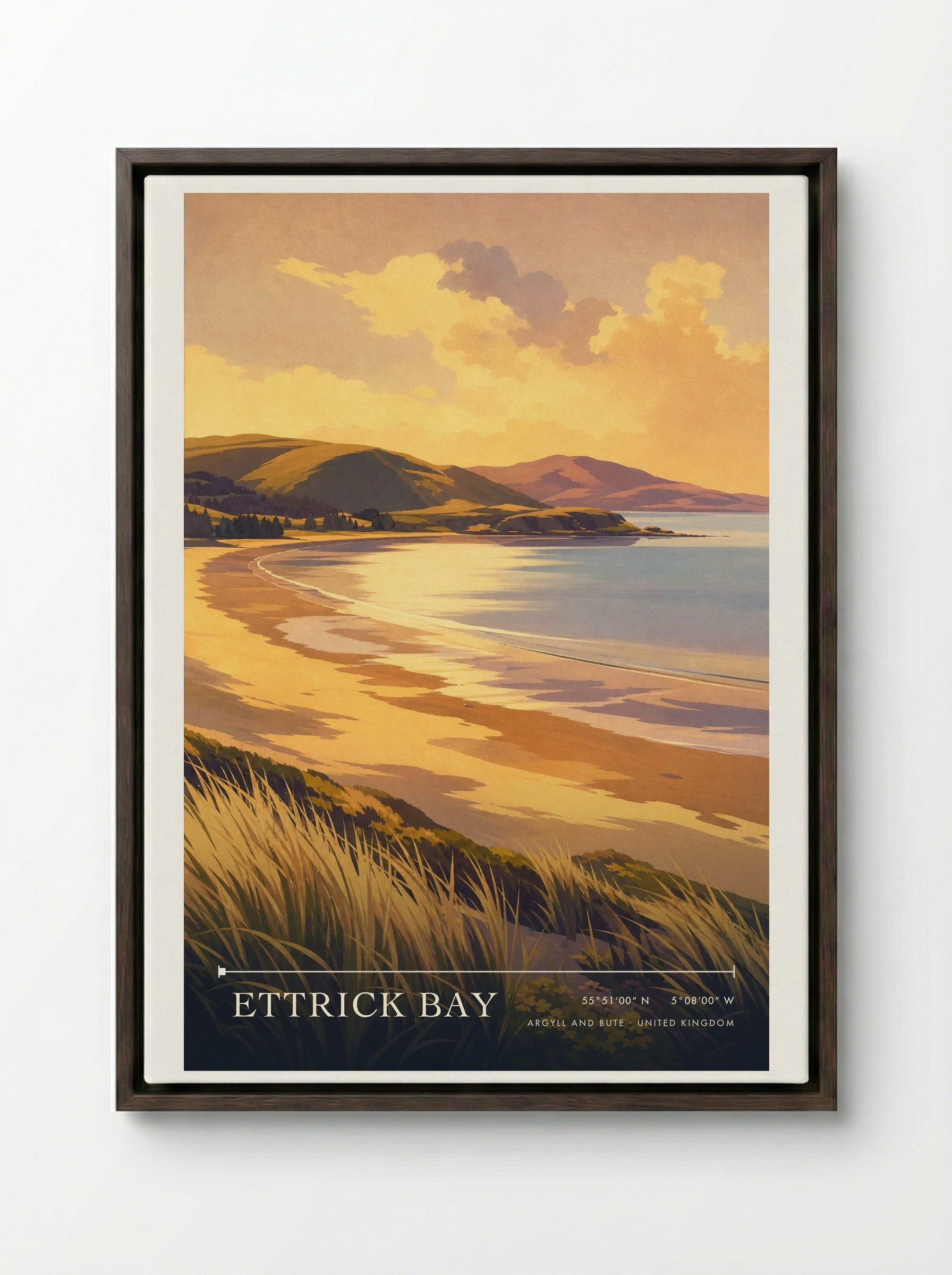 Ettrick Bay Argyll and Bute United Kingdom Travel Poster - Framed Canvas Dark Wood