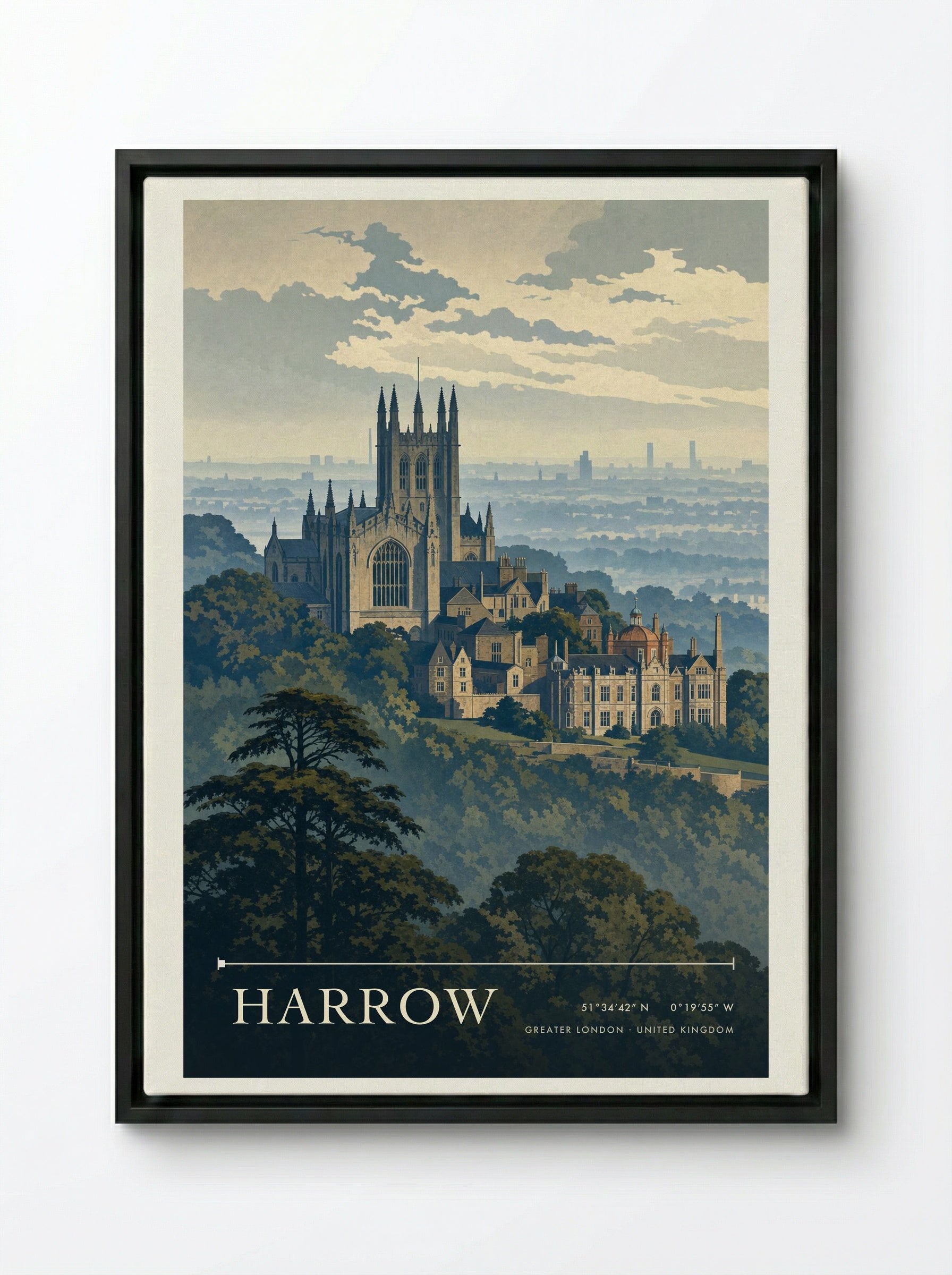 Harrow Greater London United Kingdom Travel Poster - Framed Canvas Black