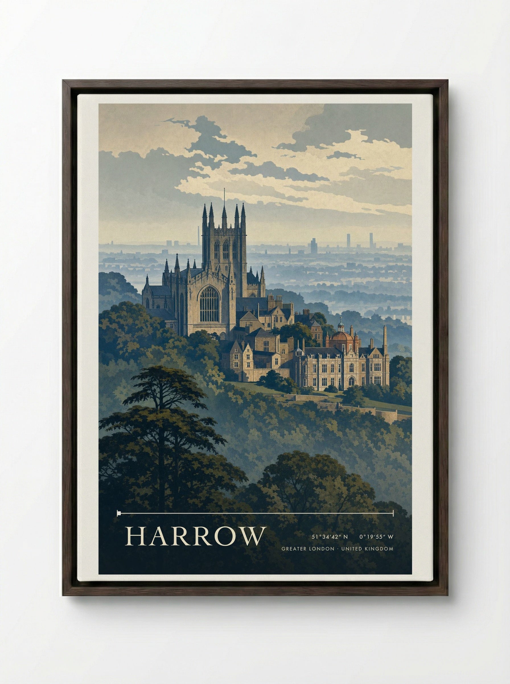 Harrow Greater London United Kingdom Travel Poster - Framed Canvas Dark Wood