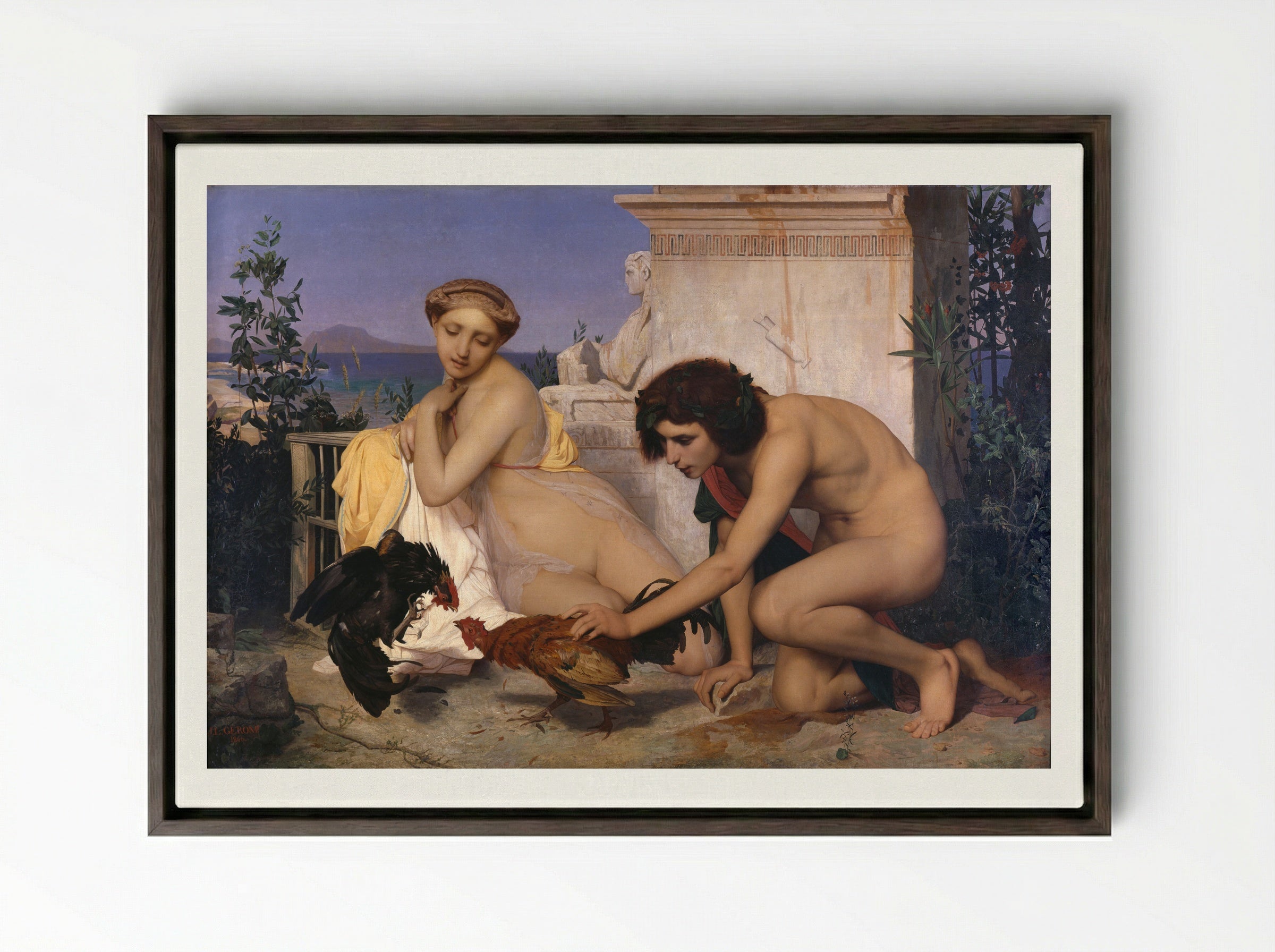 Young Greeks Attending a Cock Fight - Jean-Léon Gérôme - Framed Canvas Dark Wood