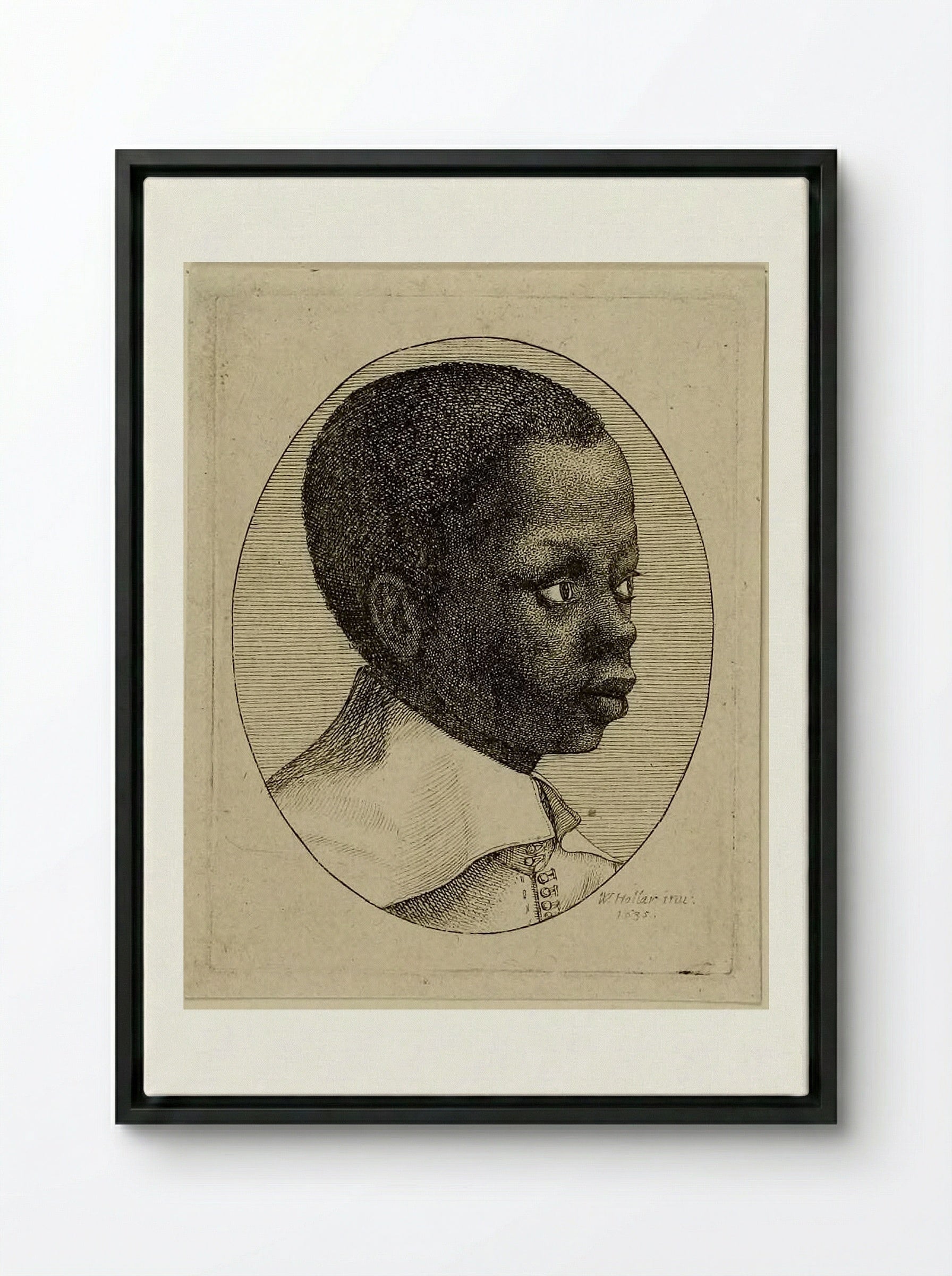 Head of a Young Black Boy in Profile to Right in an Oval - Wenceslaus Hollar - Framed Canvas Black