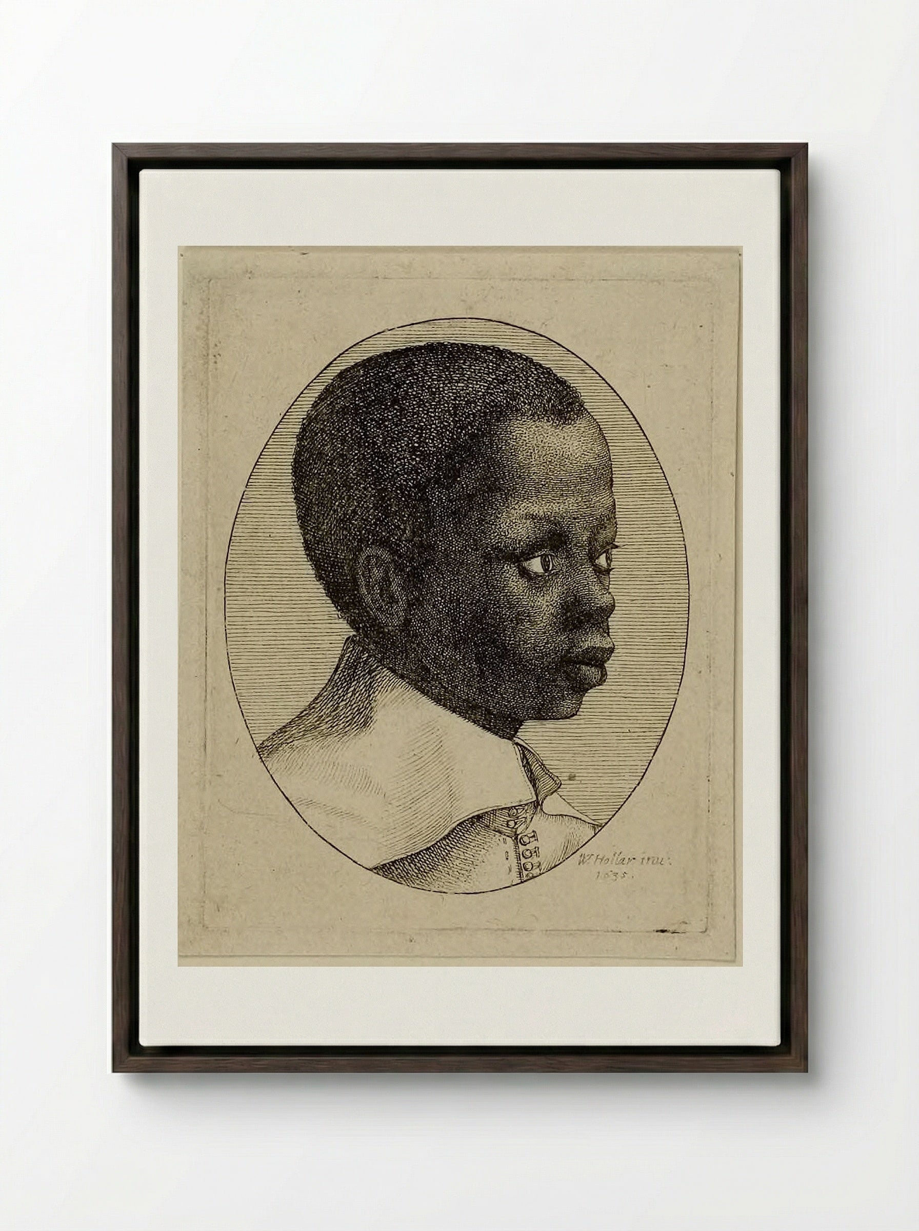 Head of a Young Black Boy in Profile to Right in an Oval - Wenceslaus Hollar - Framed Canvas Dark Wood