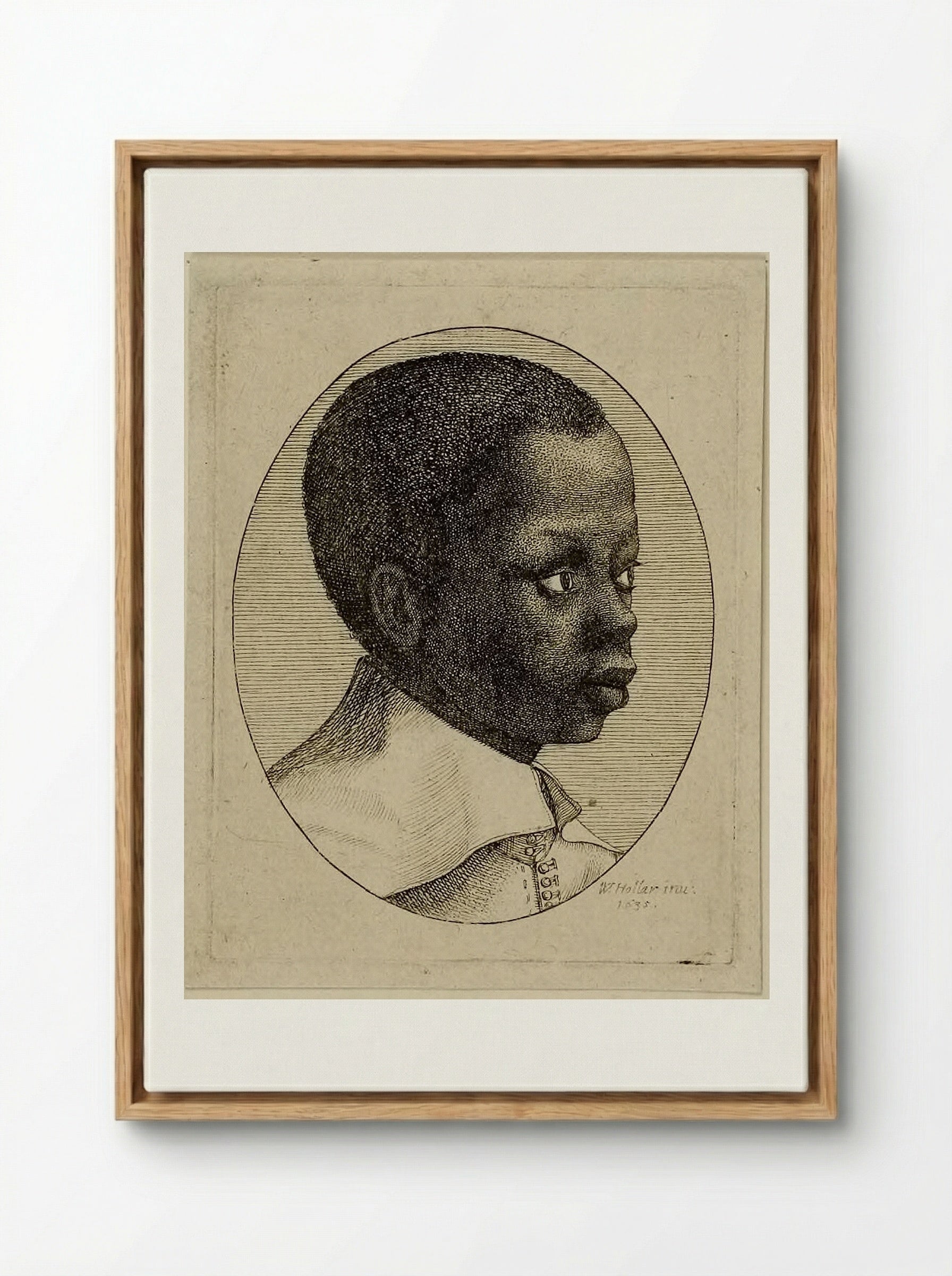Head of a Young Black Boy in Profile to Right in an Oval - Wenceslaus Hollar - Framed Canvas Wood