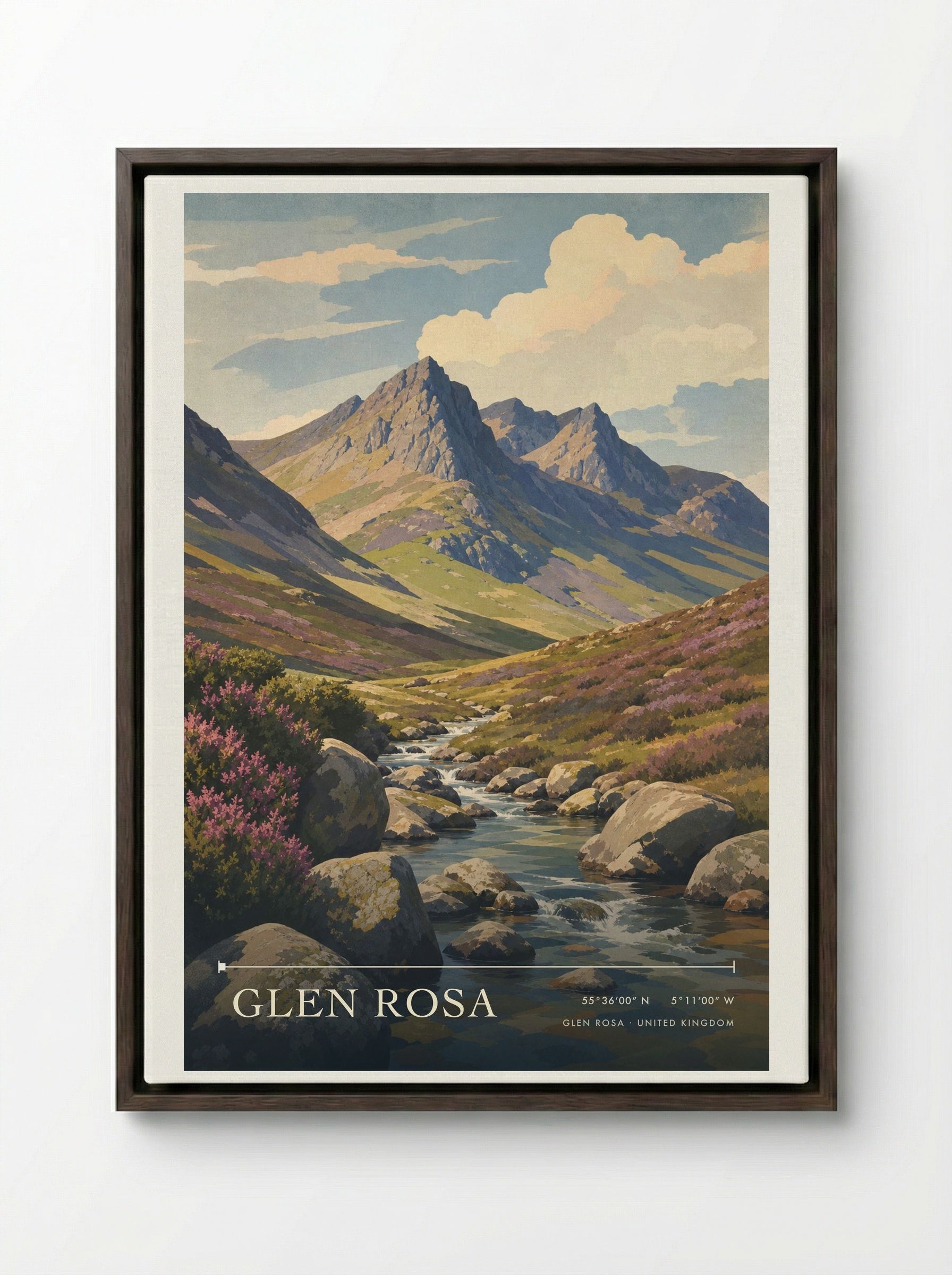 Glen Rosa United Kingdom Travel Poster - Framed Canvas Dark Wood