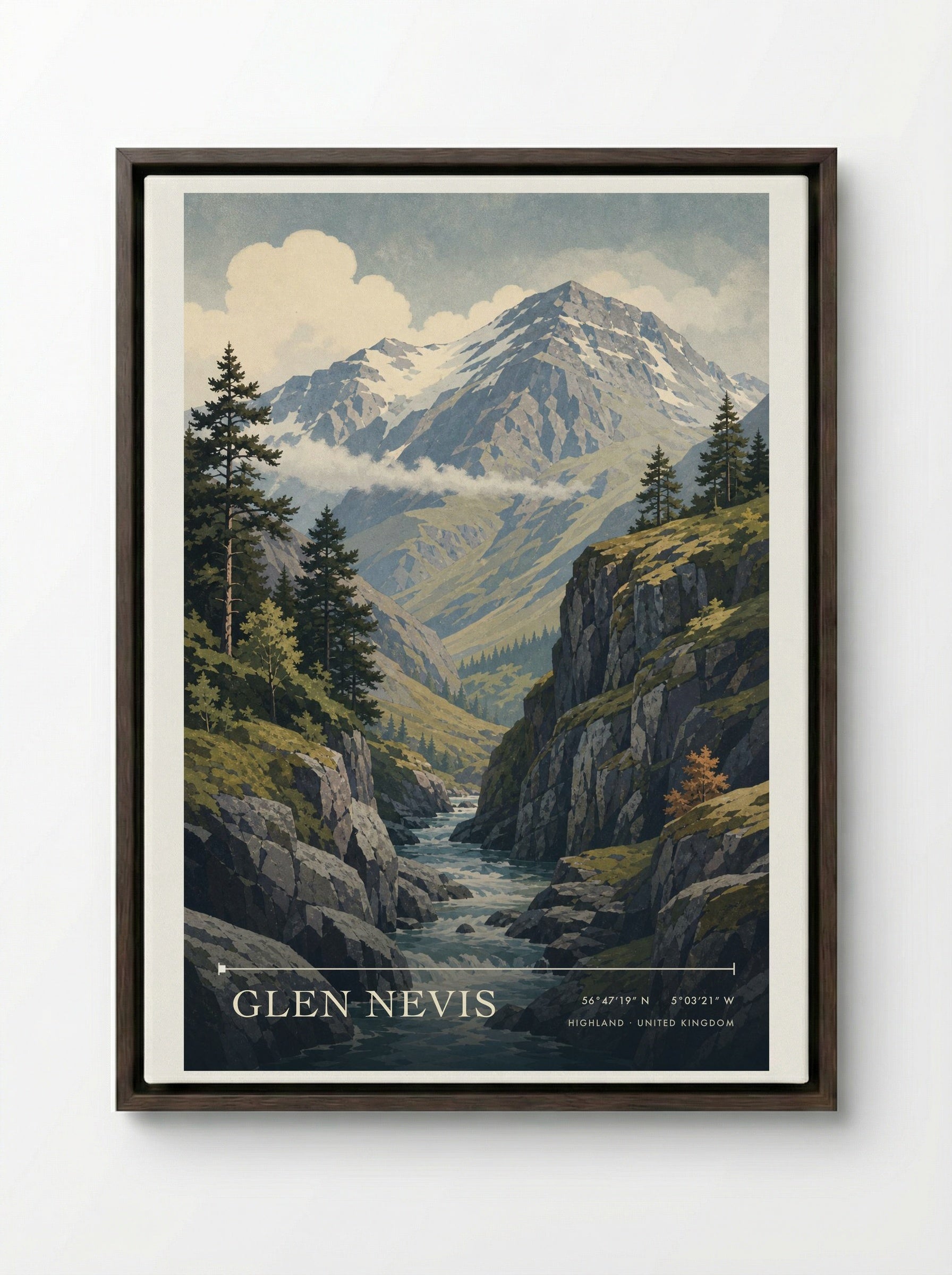Glen Nevis Highland United Kingdom Travel Poster - Framed Canvas Dark Wood