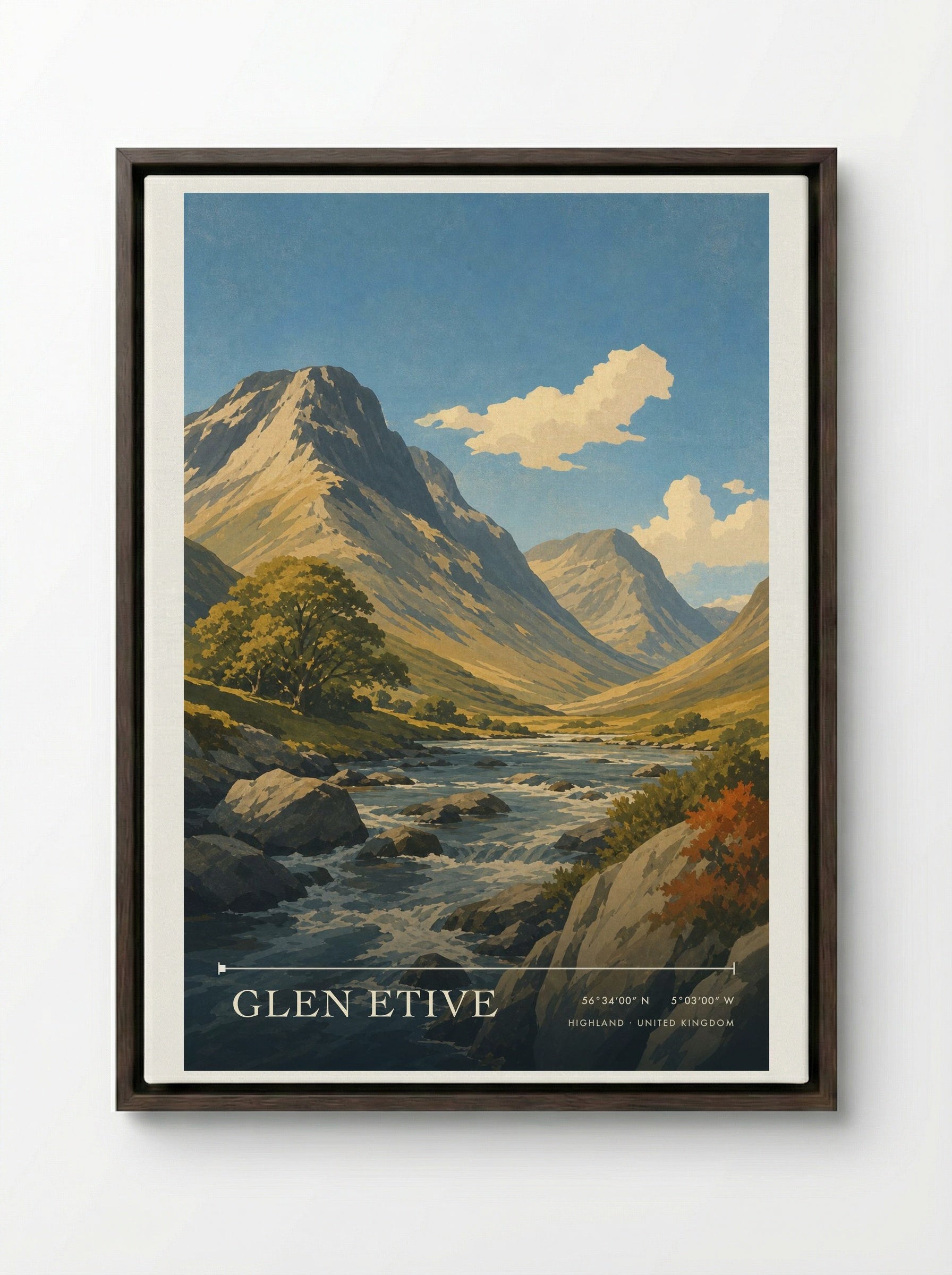 Glen Etive Highland United Kingdom Travel Poster - Framed Canvas Dark Wood