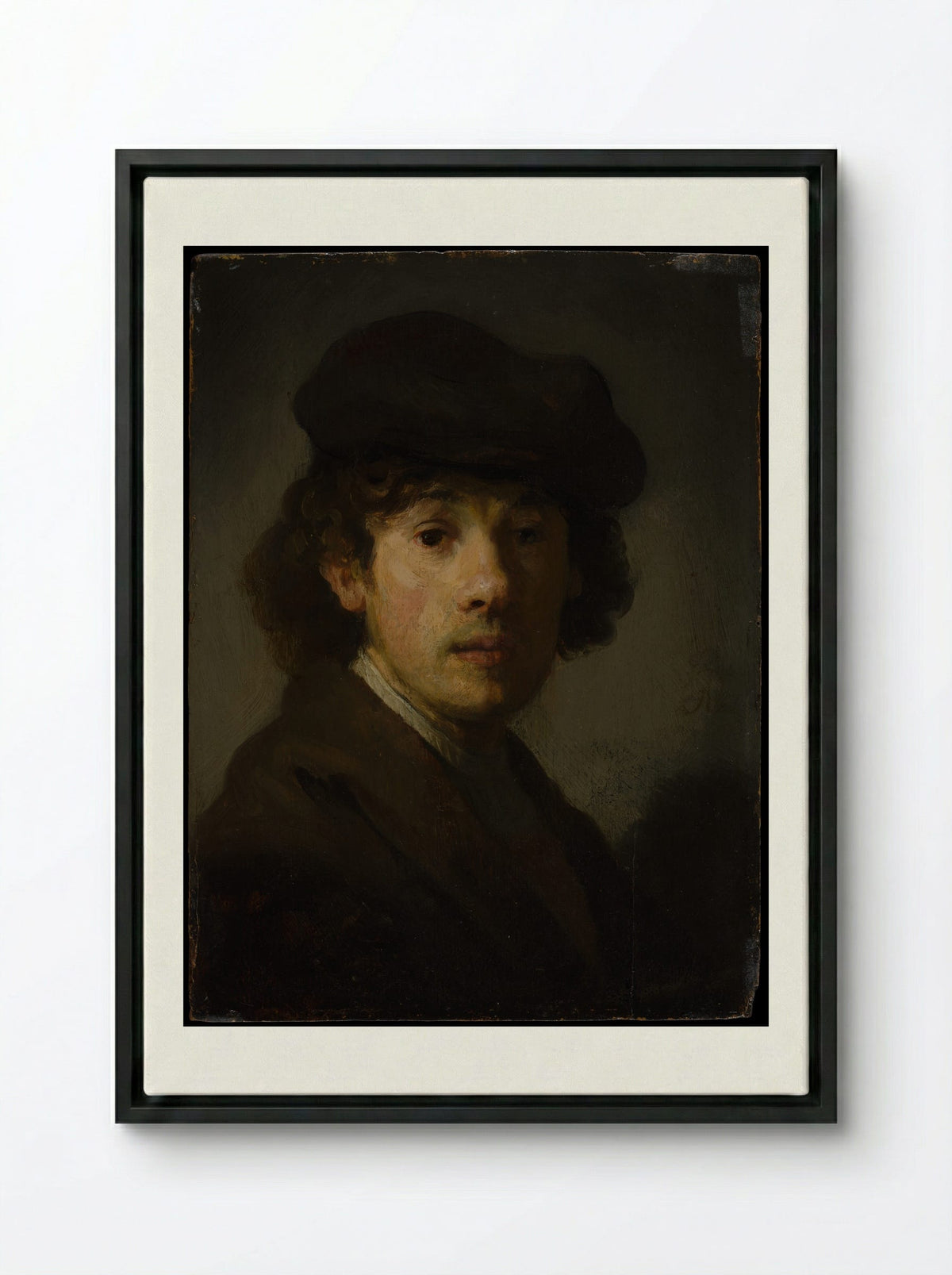 Self-Portrait with Beret - Rembrandt van Rijn - Framed Canvas Black
