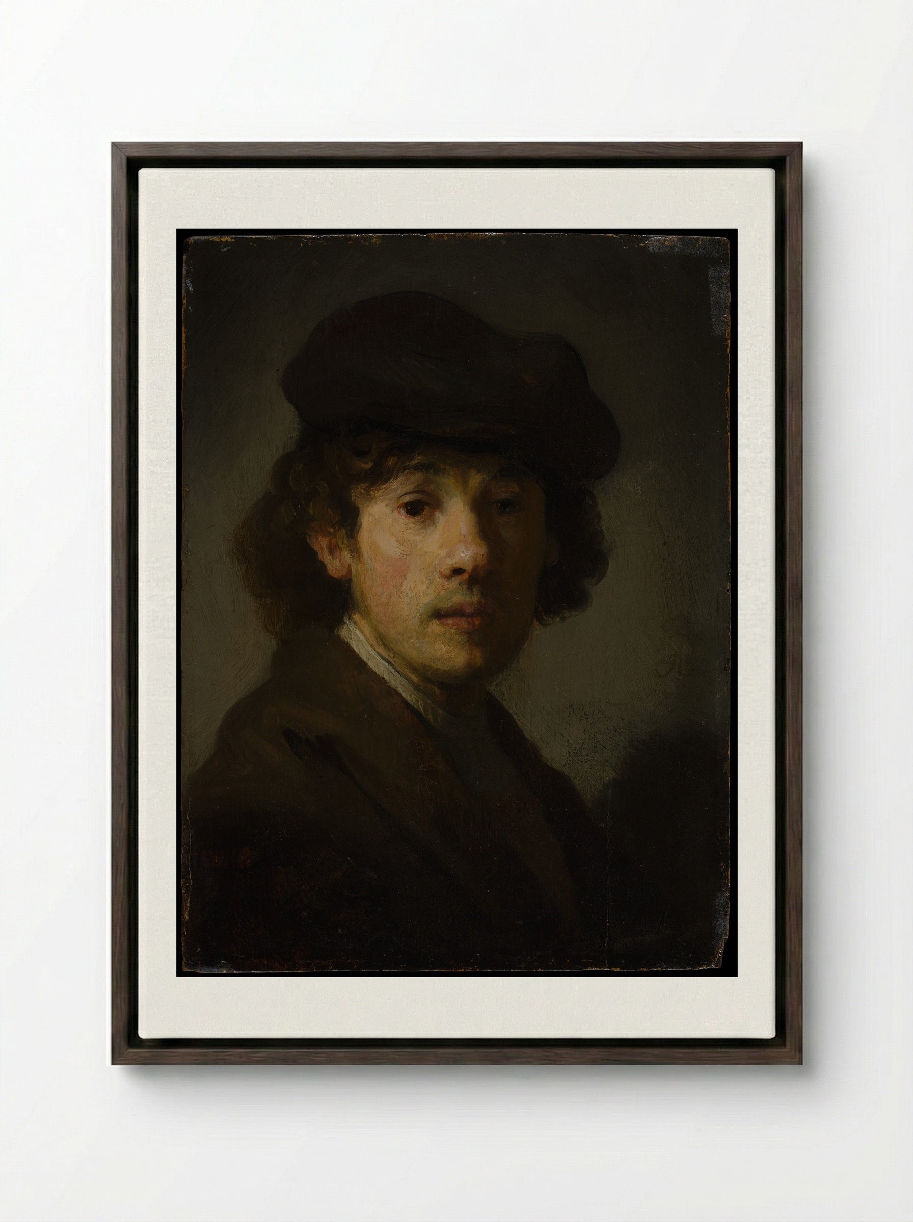 Self-Portrait with Beret - Rembrandt van Rijn - Framed Canvas Dark Wood