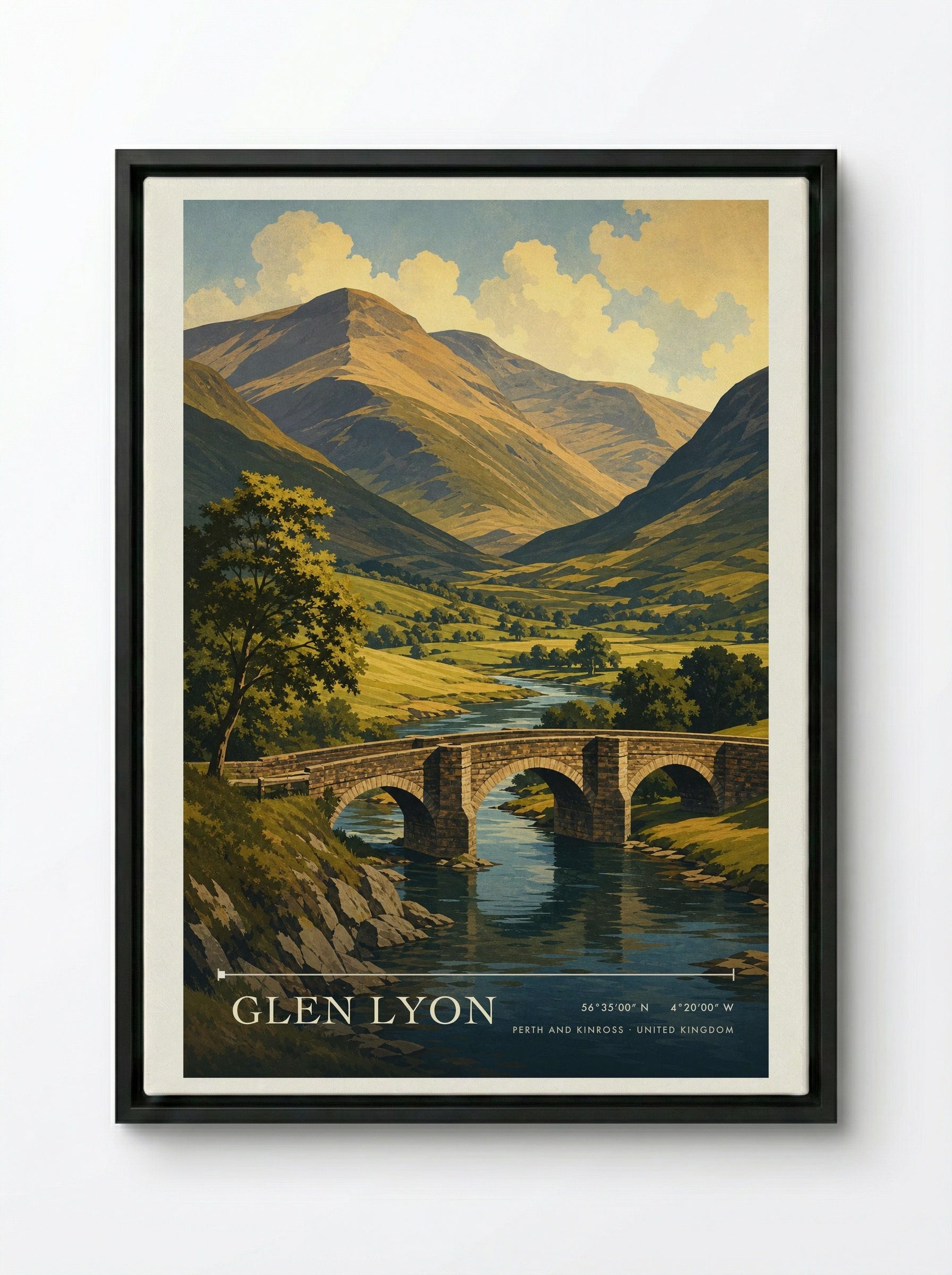 Glen Lyon Perth and Kinross United Kingdom Travel Poster - Framed Canvas Black