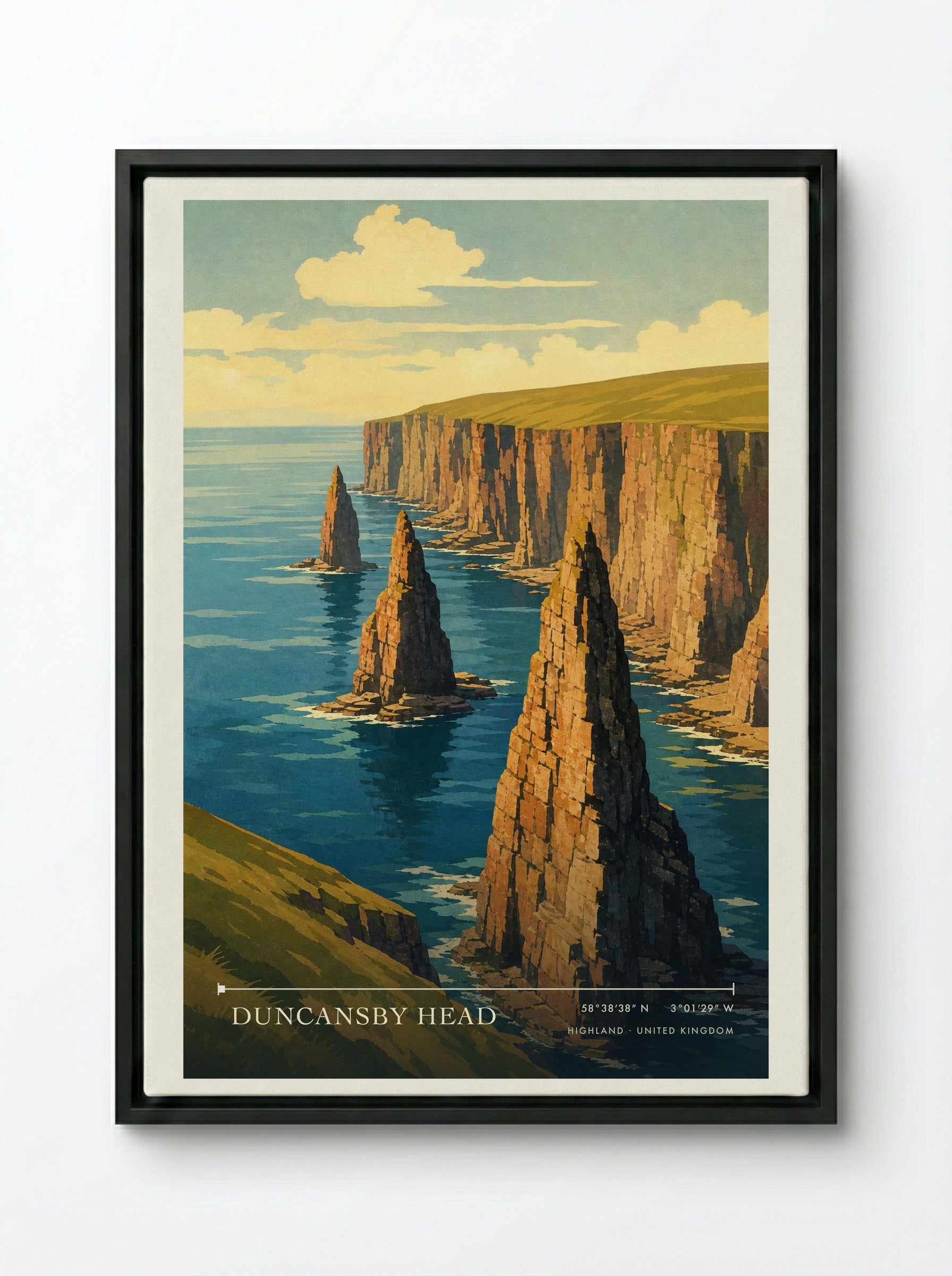 Duncansby Head Highland United Kingdom Travel Poster - Framed Canvas Black
