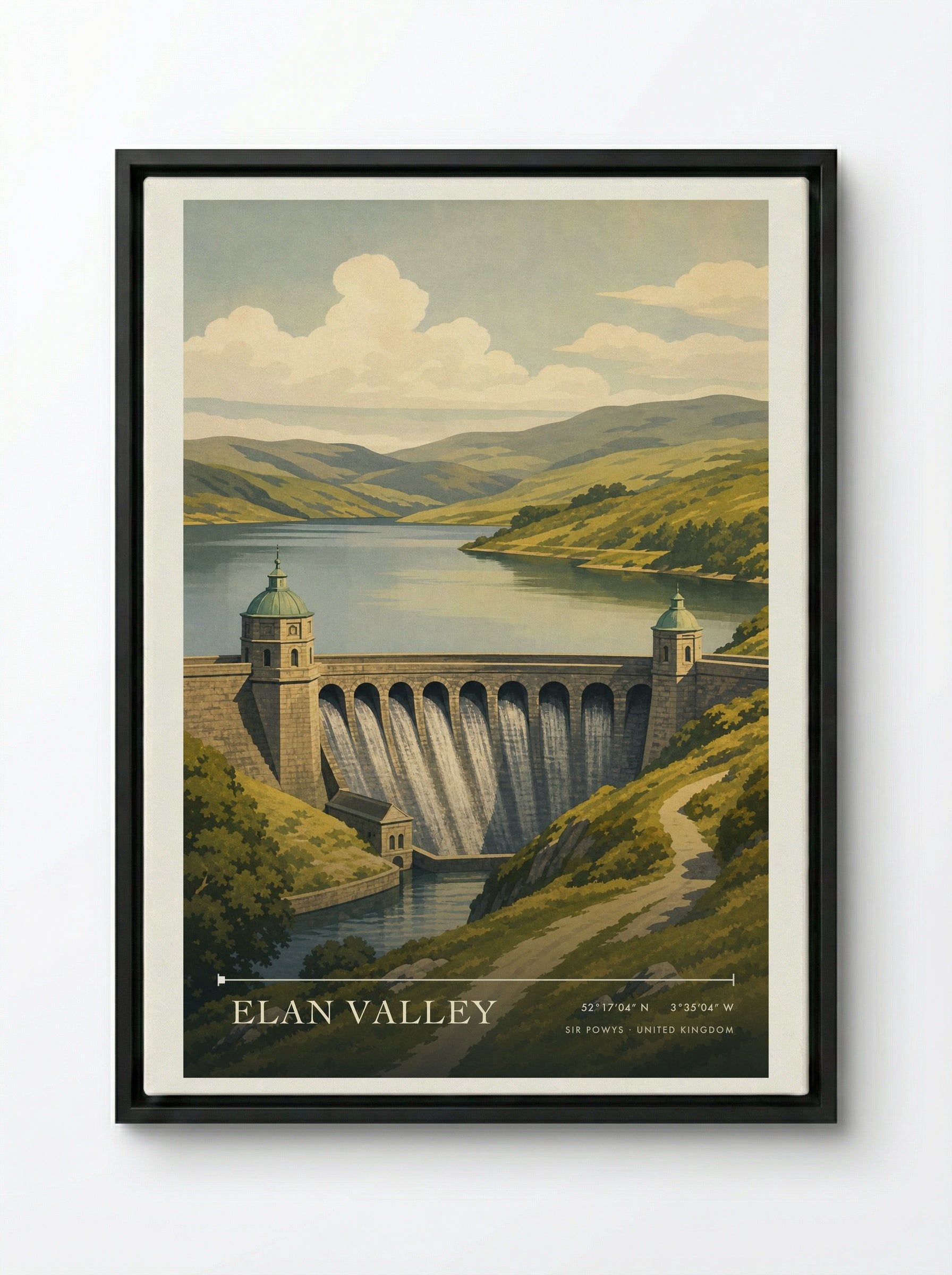 Elan Valley Sir Powys United Kingdom Travel Poster - Framed Canvas Black
