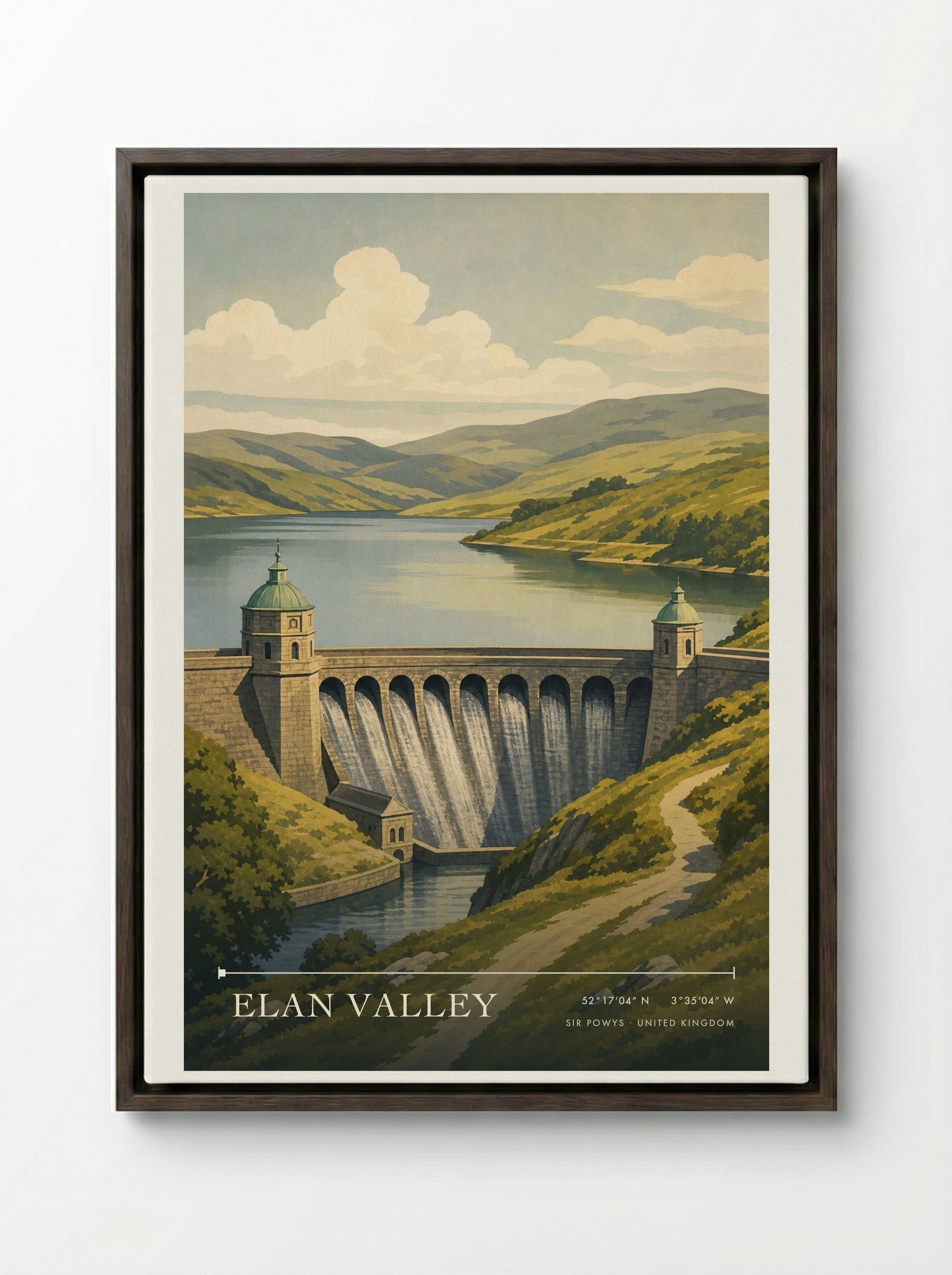 Elan Valley Sir Powys United Kingdom Travel Poster - Framed Canvas Dark Wood