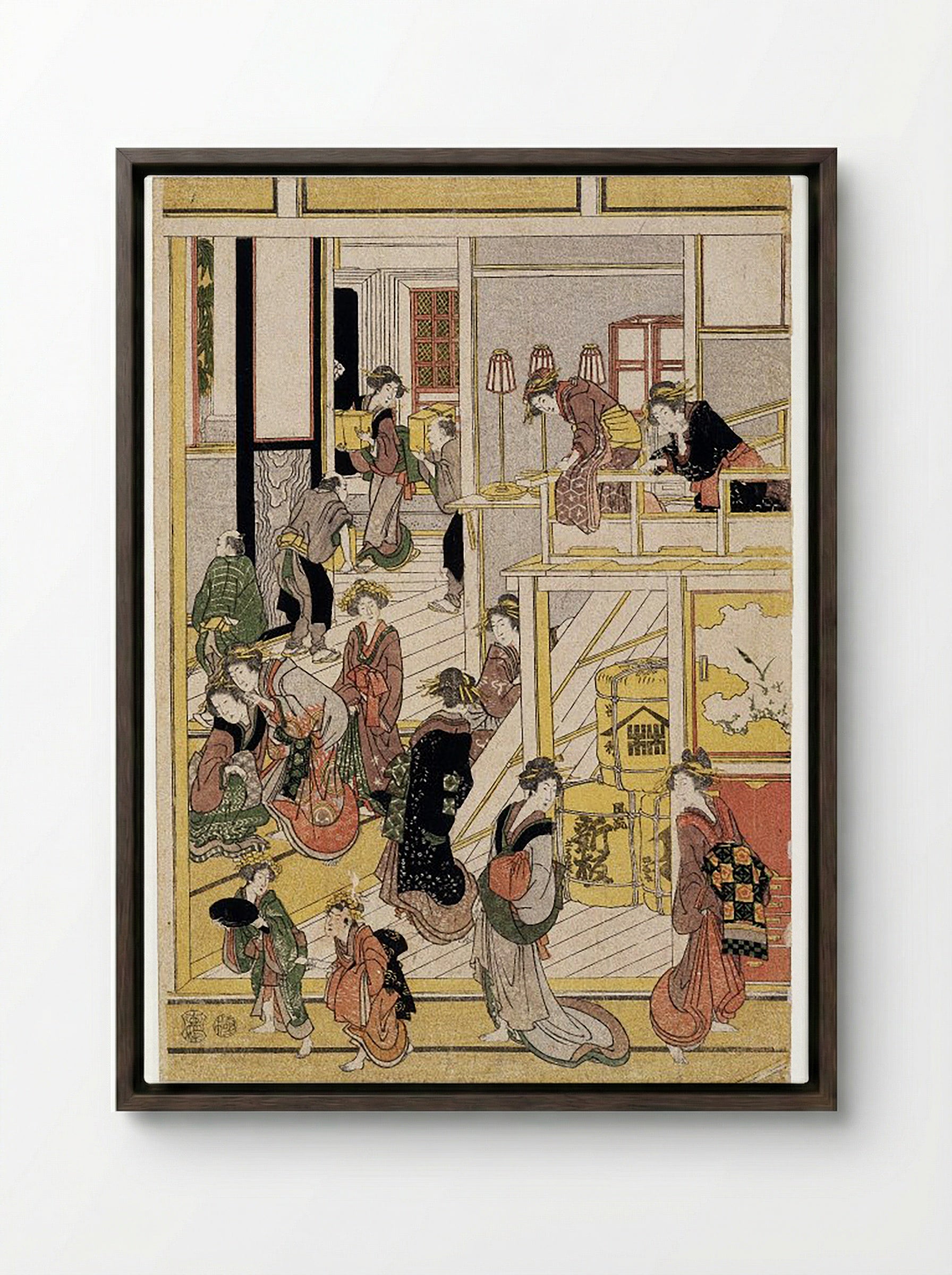 New Year's Days of the Teahouse Ogi-ya - Utagawa Toyokuni I - Framed Canvas Dark Wood