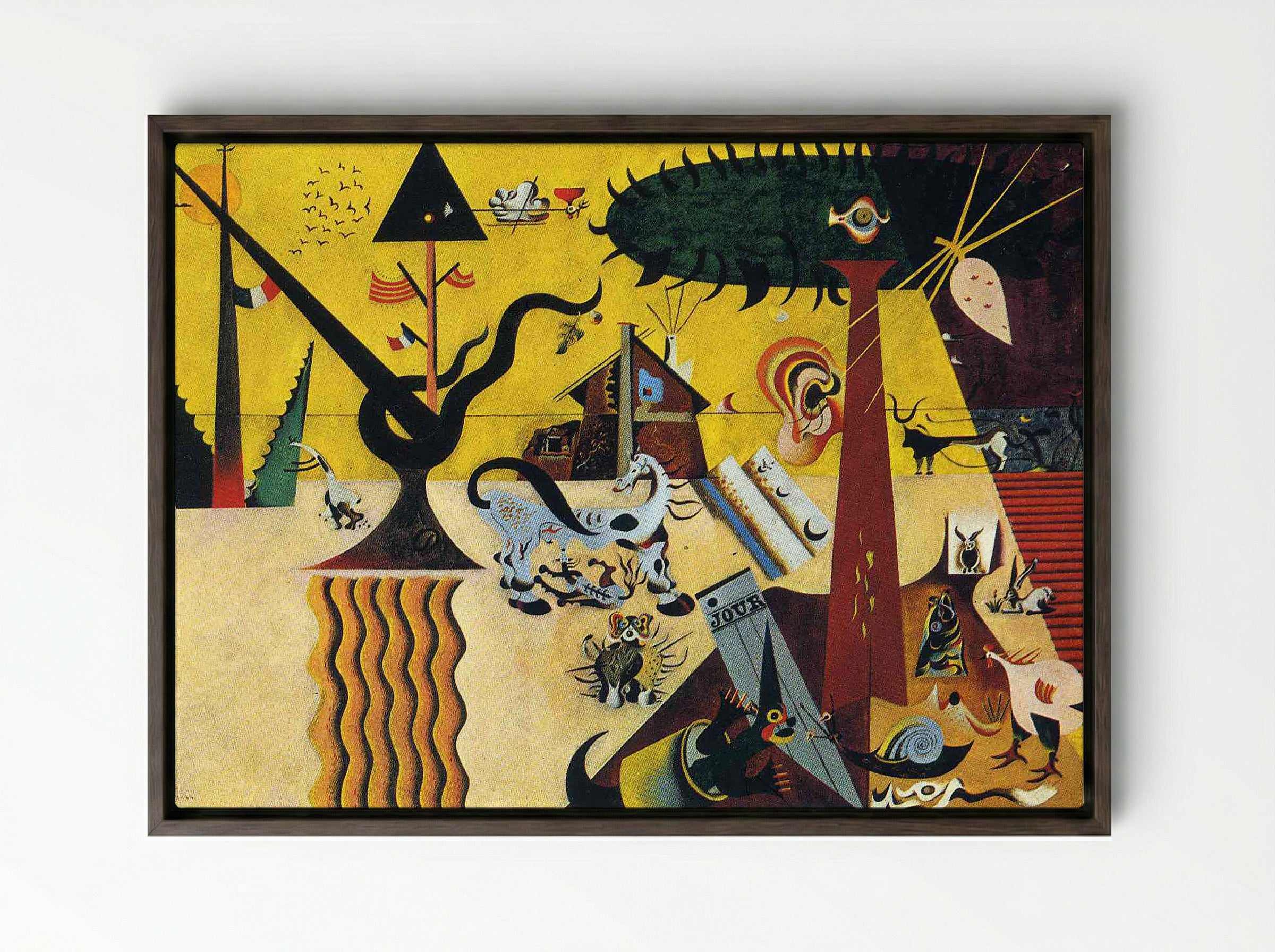 The Tilled Field - Joan Miró - Framed Canvas Dark Wood