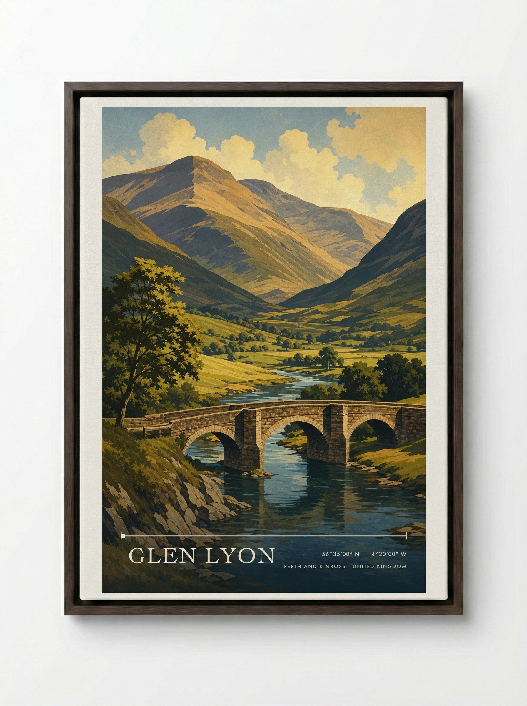 Glen Lyon Perth and Kinross United Kingdom Travel Poster - Framed Canvas Dark Wood