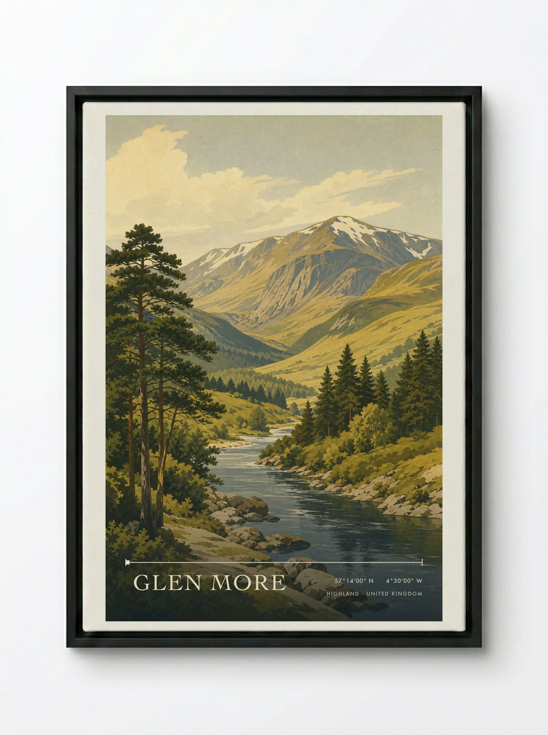Glen More Highland United Kingdom Travel Poster - Framed Canvas Black