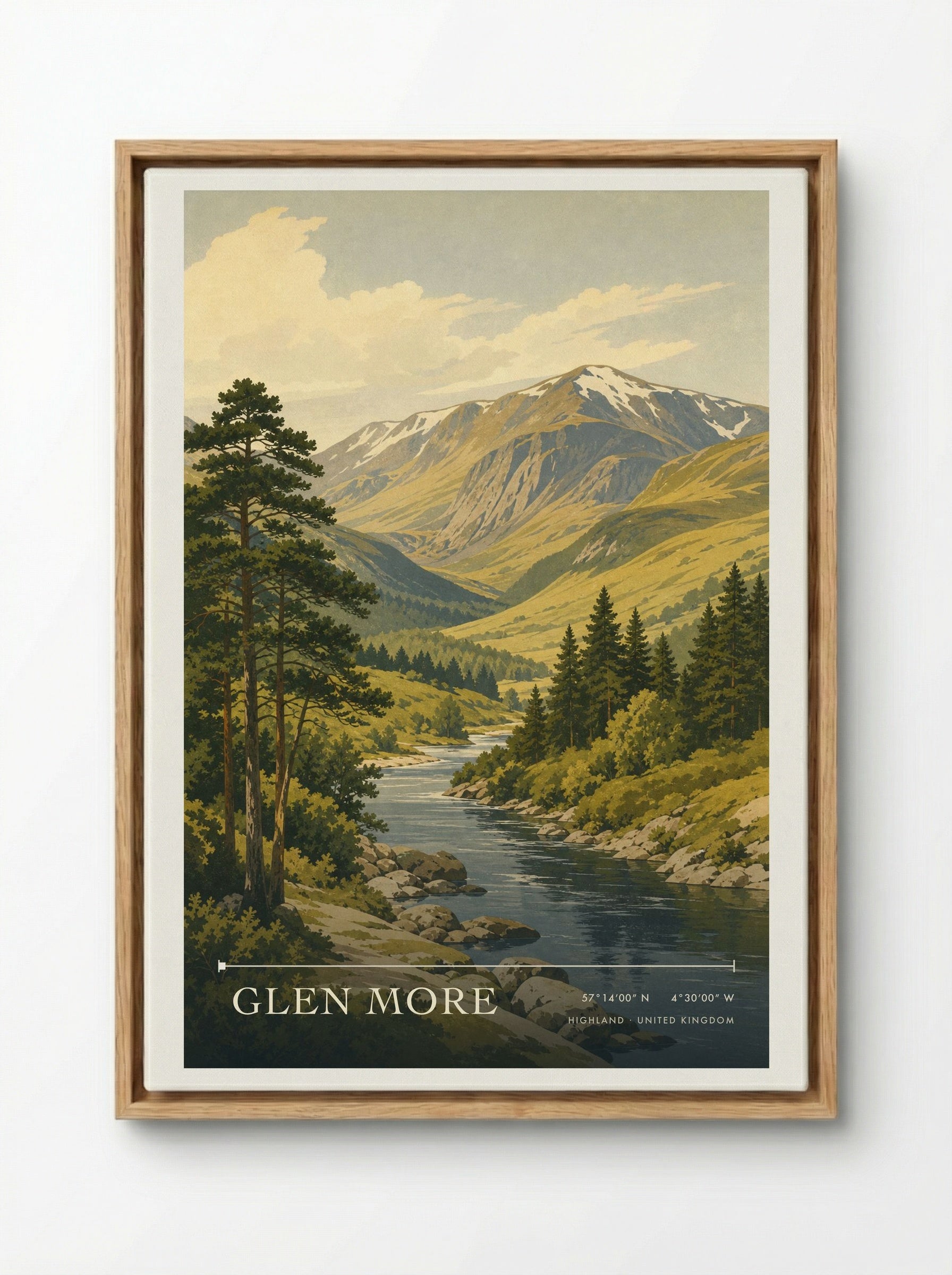 Glen More Highland United Kingdom Travel Poster - Framed Canvas Wood