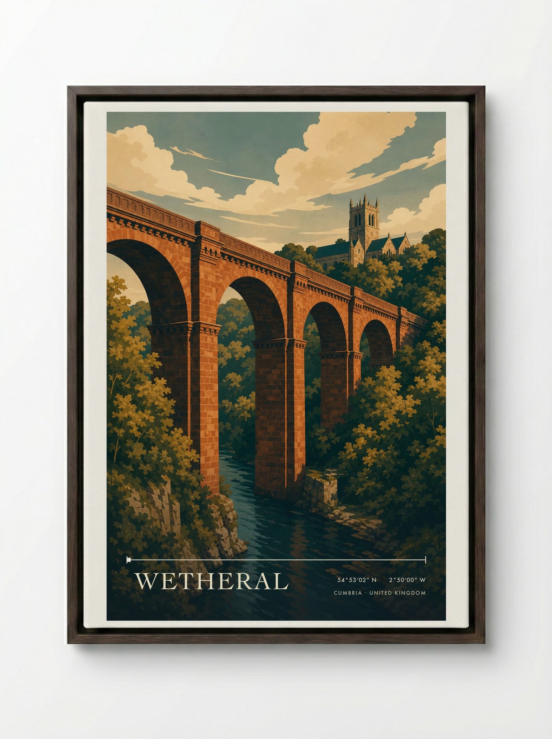 Wetheral Cumbria United Kingdom Travel Poster - Framed Canvas Dark Wood