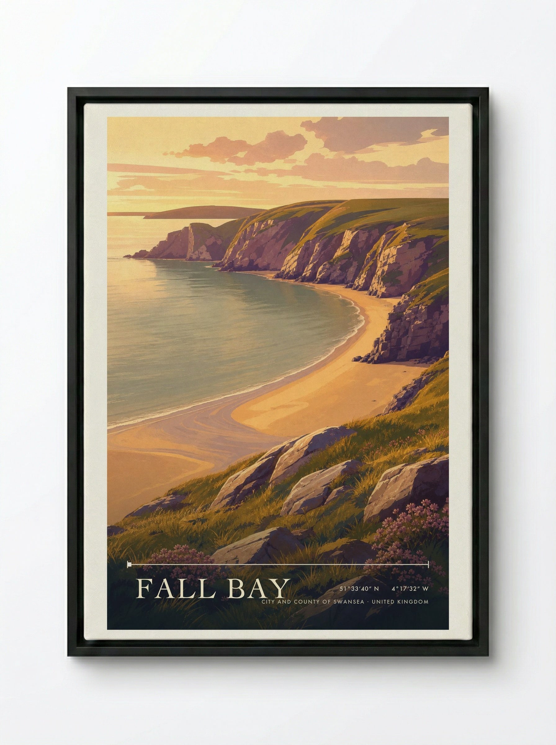 Fall Bay City and County of Swansea United Kingdom Travel Poster - Framed Canvas Black