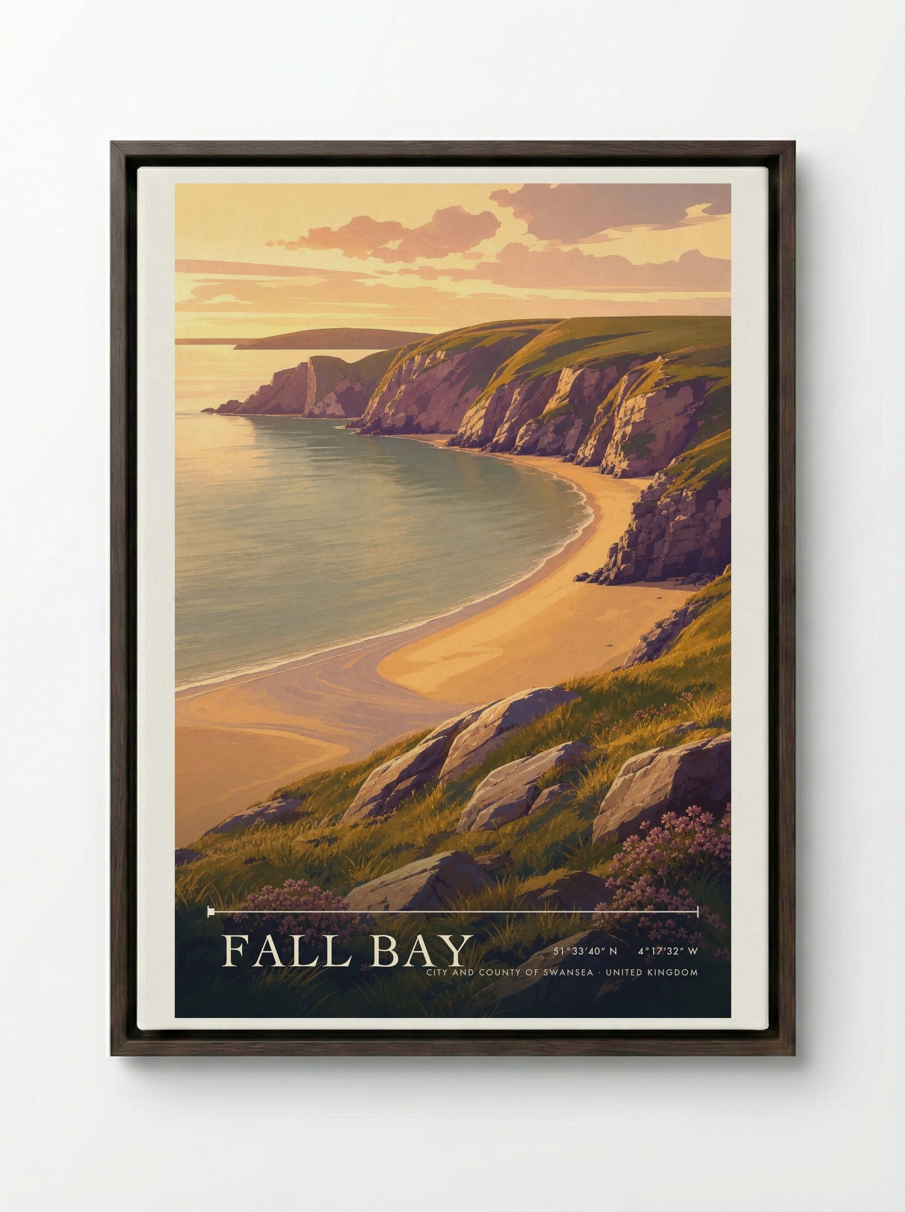 Fall Bay City and County of Swansea United Kingdom Travel Poster - Framed Canvas Dark Wood