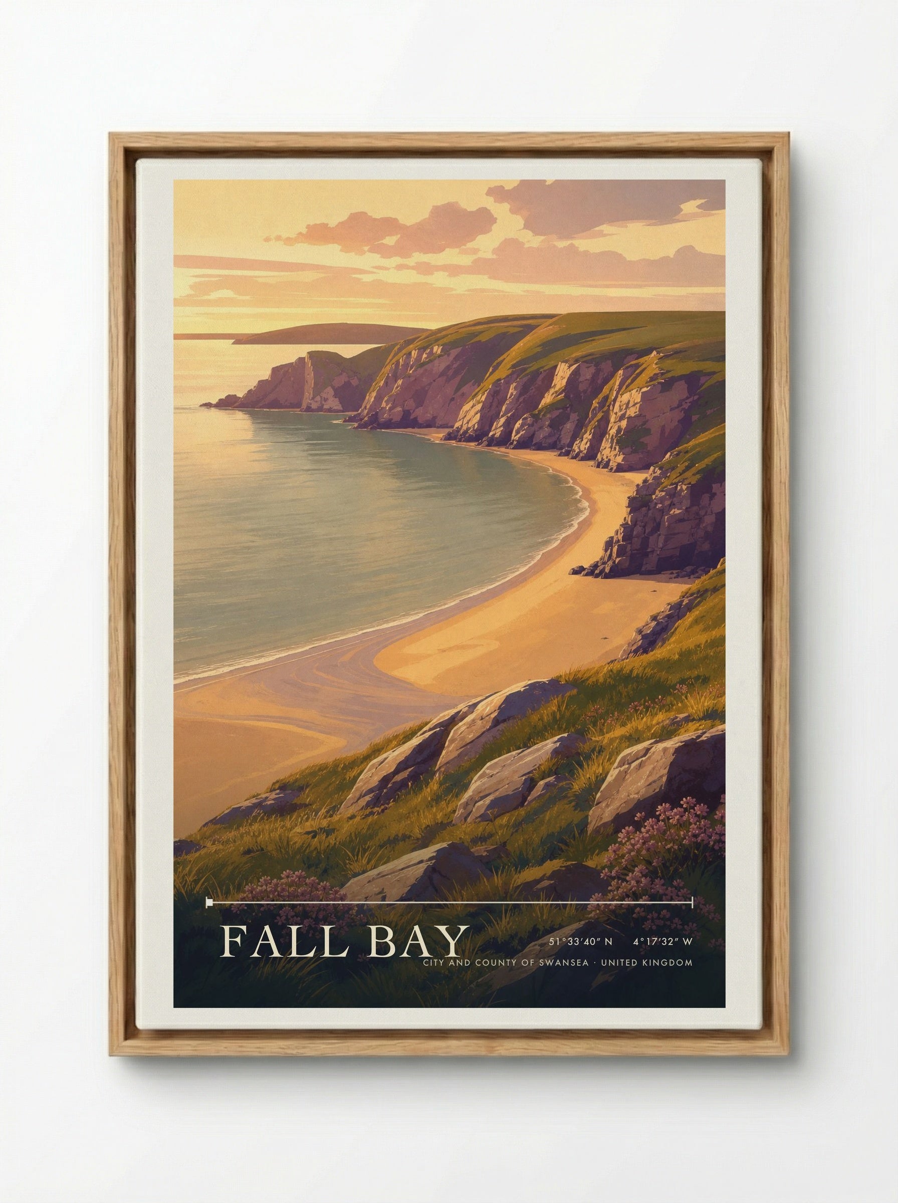 Fall Bay City and County of Swansea United Kingdom Travel Poster - Framed Canvas Wood