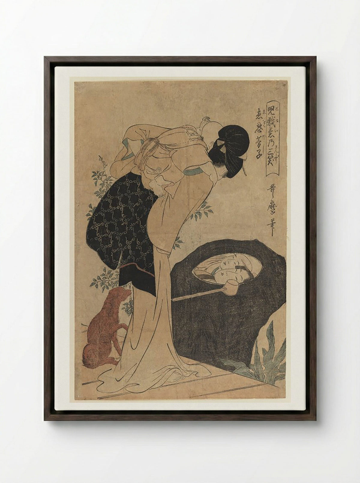 Woman and Child at a Water Basin - Utagawa Toyokuni I - Framed Canvas Dark Wood