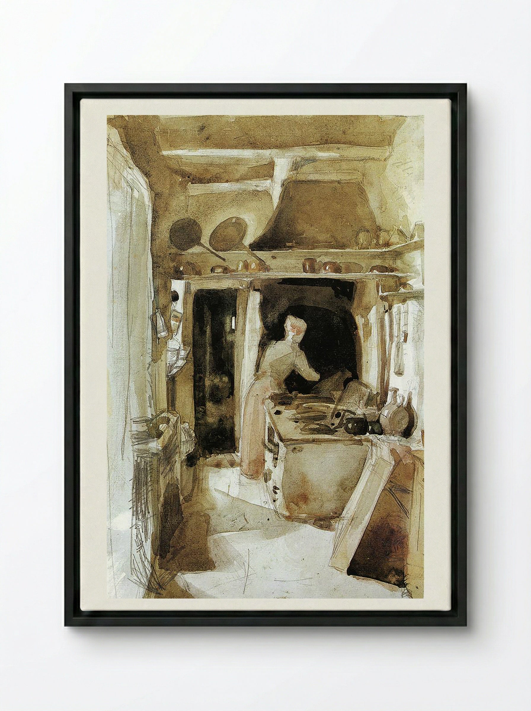 The Kitchen - Carl Larsson - Framed Canvas Black