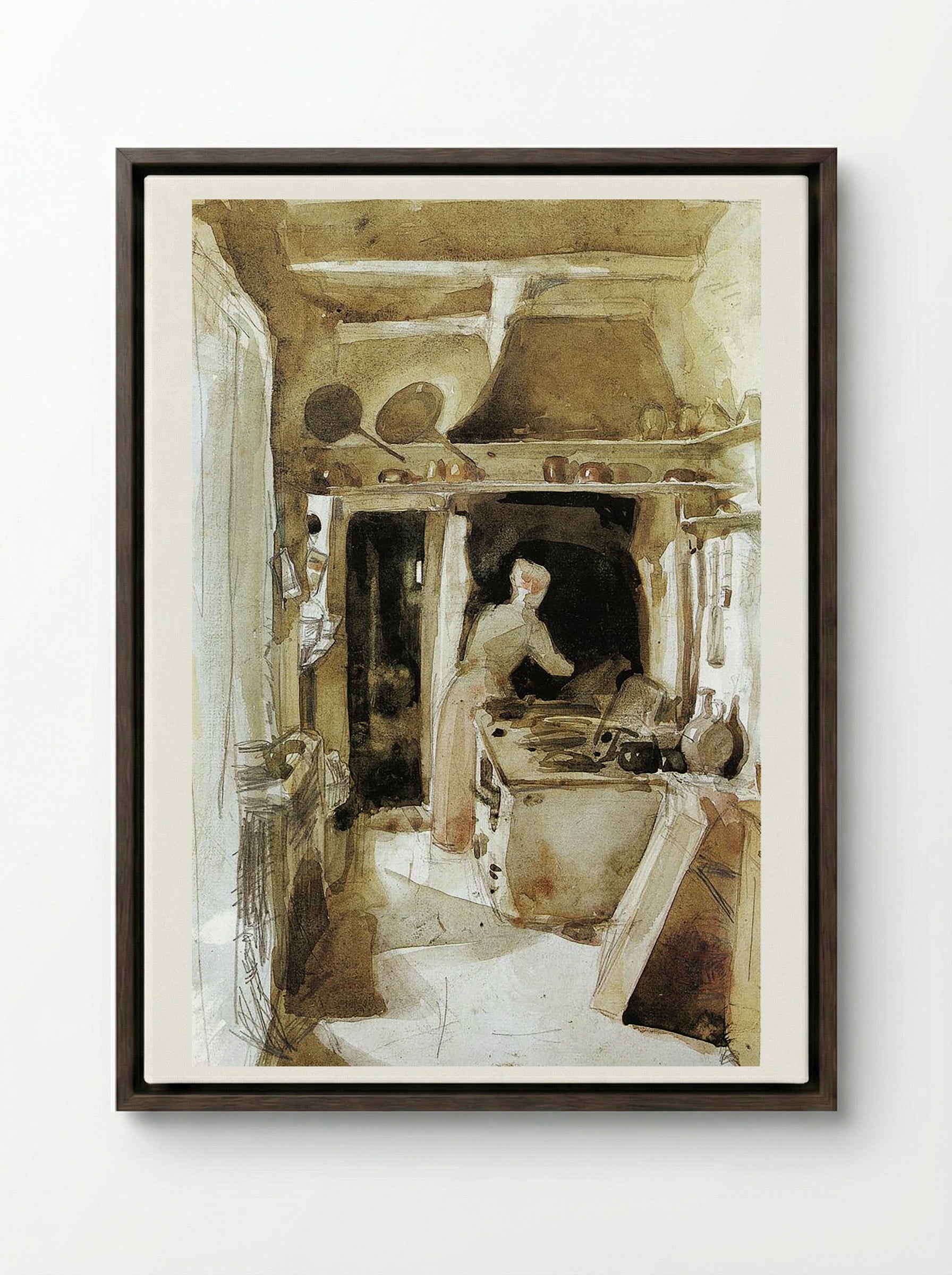 The Kitchen - Carl Larsson - Framed Canvas Dark Wood