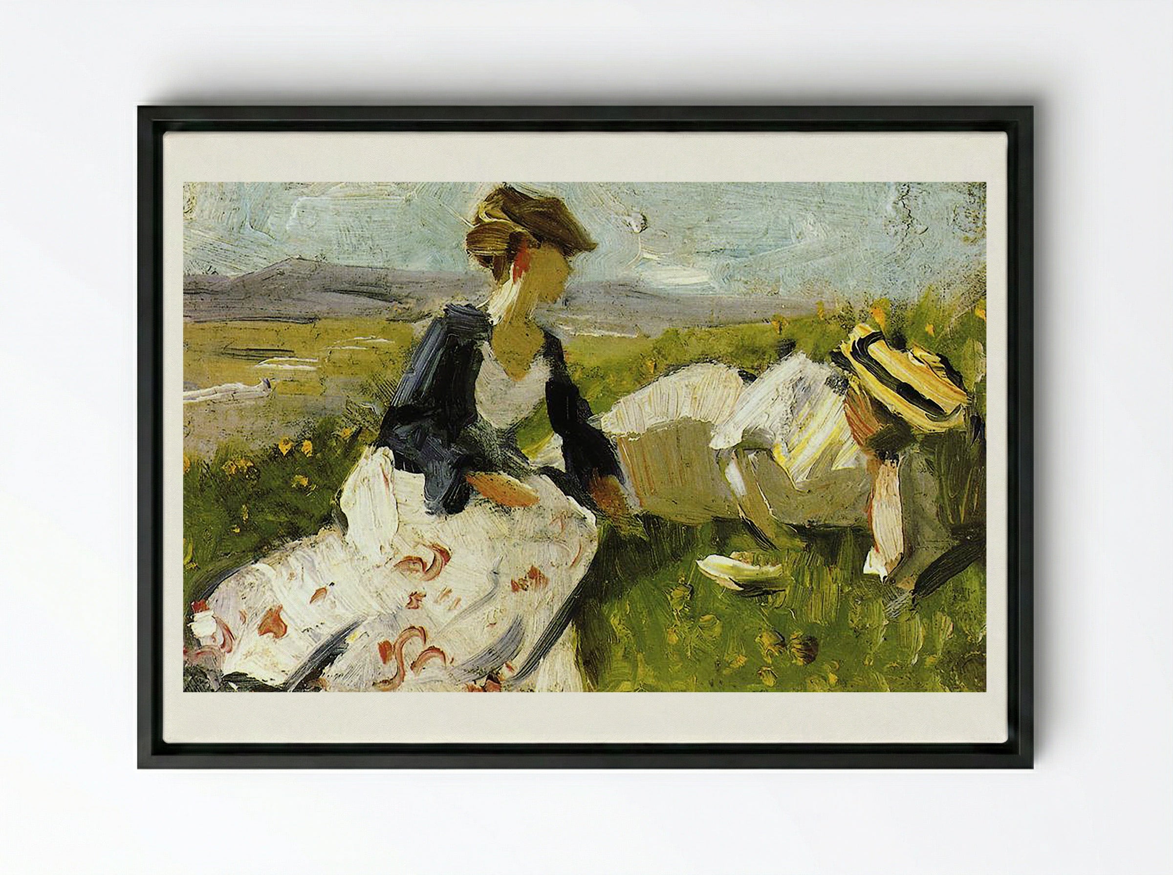 Two Women on the Hillside - William Merritt Chase - Framed Canvas Black