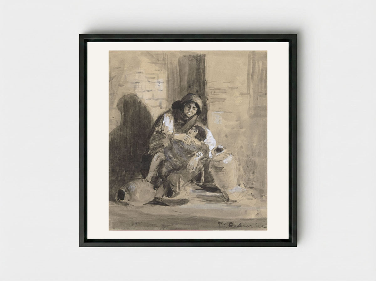 Seated Jewish Woman from Gaza, with her Child and Two Large Pitchers - Paul Delaroche - Framed Canvas Black
