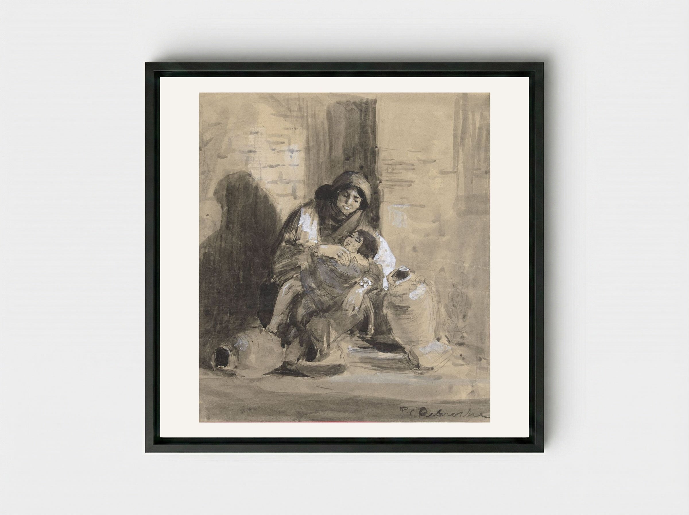 Seated Jewish Woman from Gaza, with her Child and Two Large Pitchers - Paul Delaroche - Framed Canvas Black