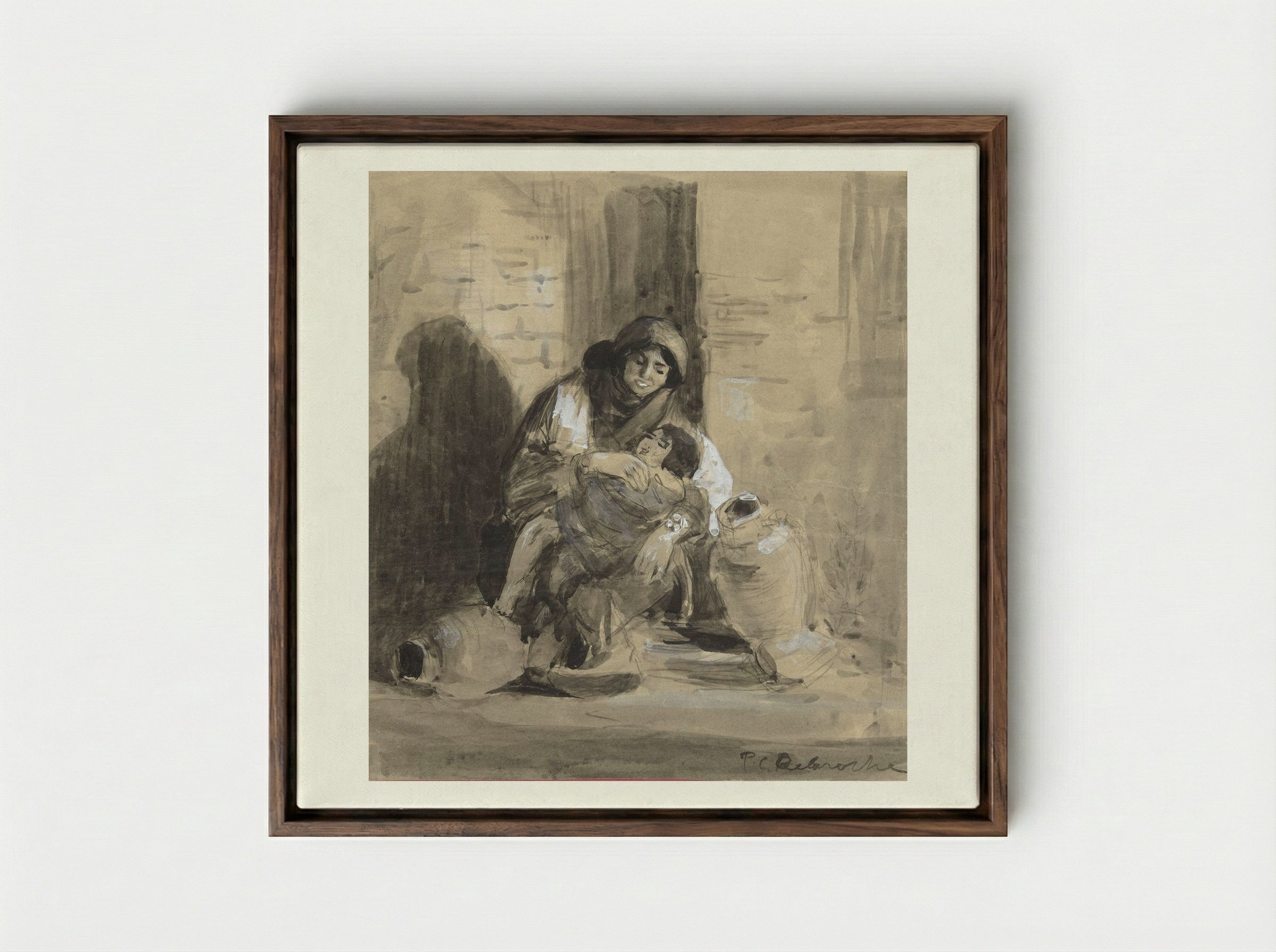 Seated Jewish Woman from Gaza, with her Child and Two Large Pitchers - Paul Delaroche - Framed Canvas Dark Wood