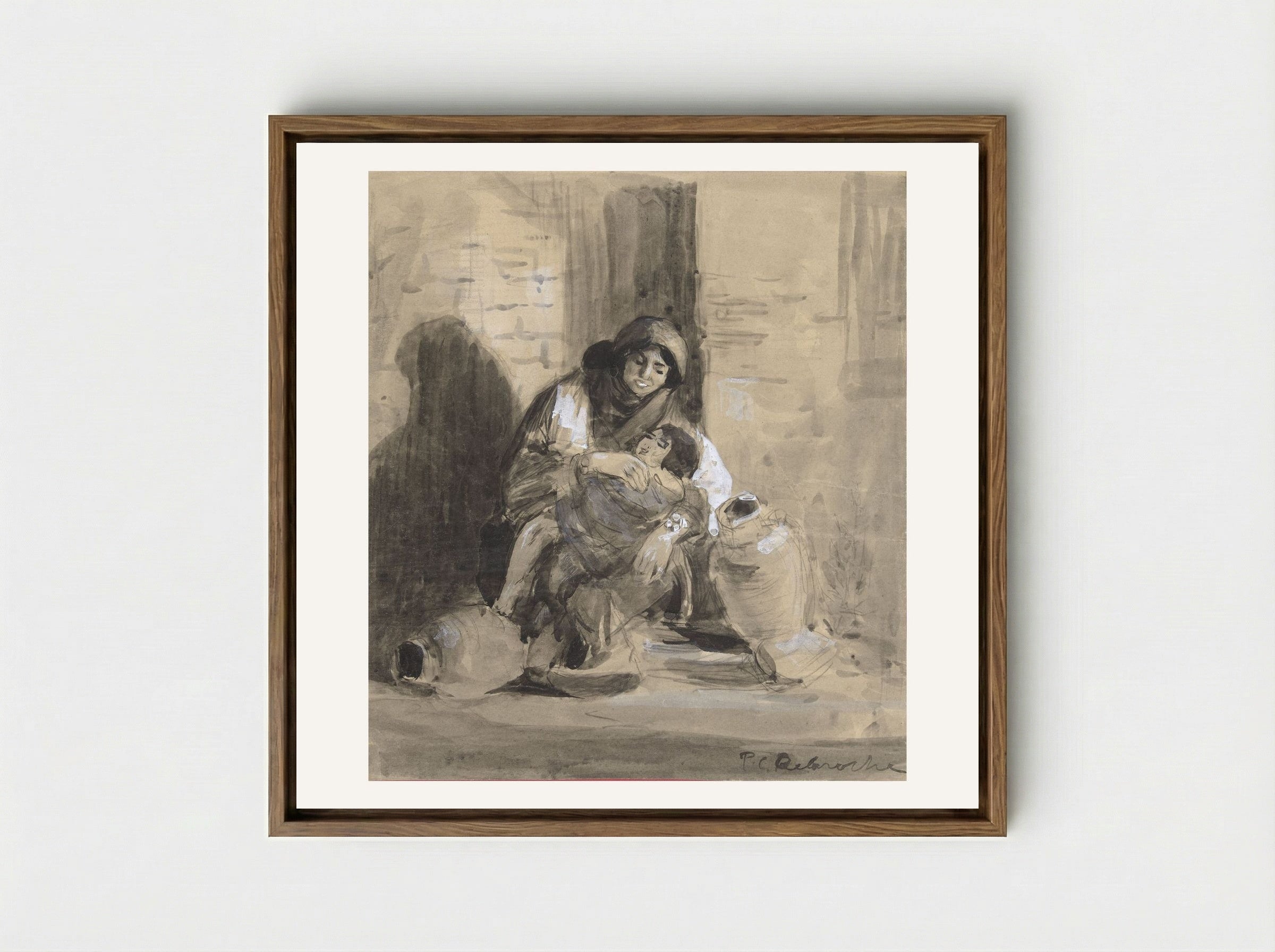 Seated Jewish Woman from Gaza, with her Child and Two Large Pitchers - Paul Delaroche - Framed Canvas Wood