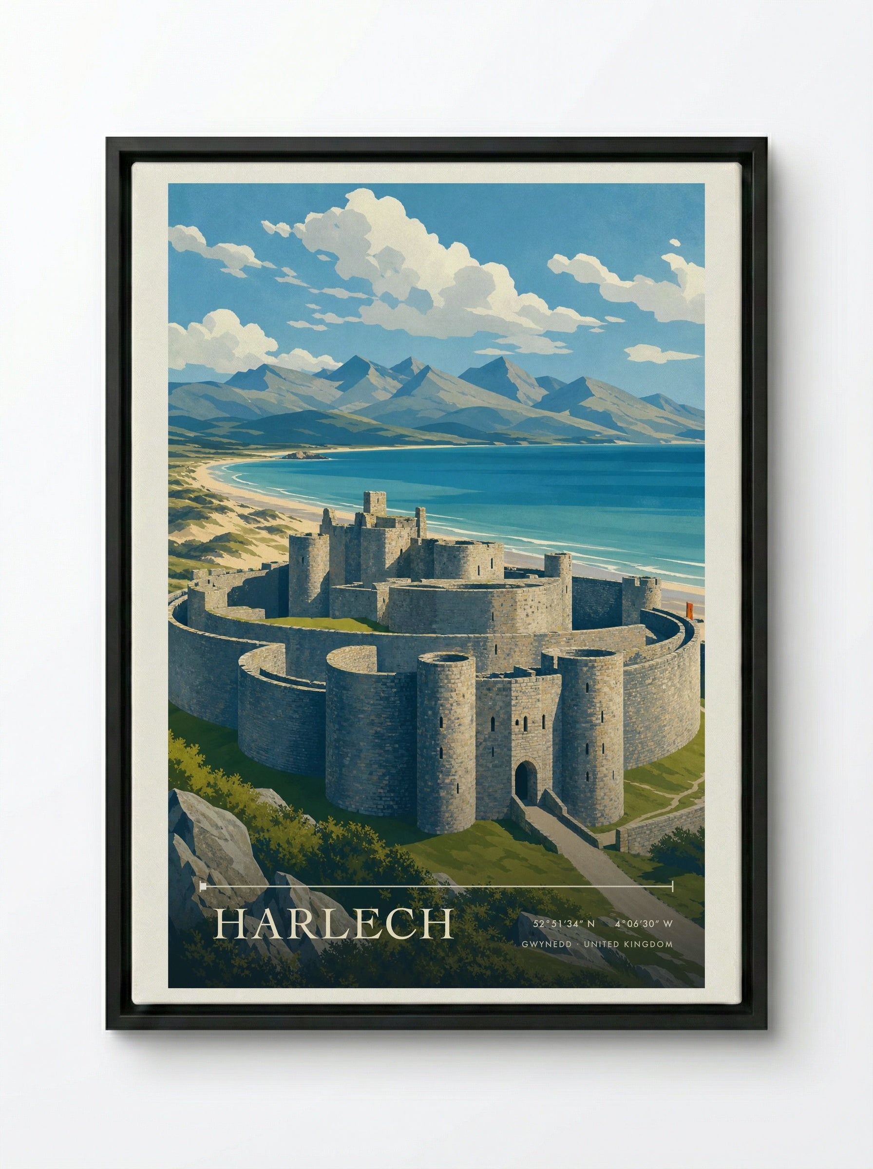 Harlech Gwynedd United Kingdom Travel Poster - Framed Canvas Black