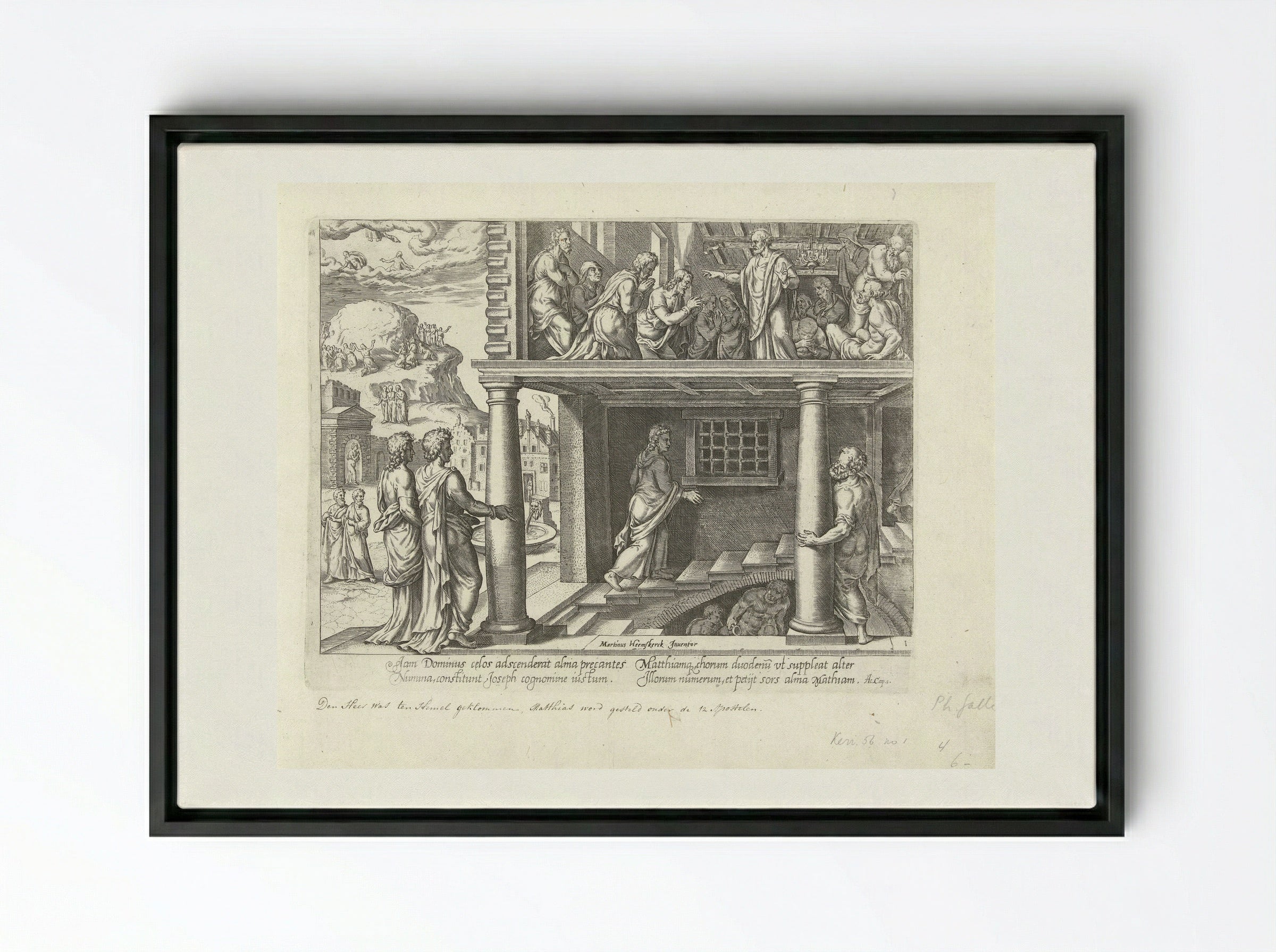 Hemelvaart van Christus en verkiezing van Mattias - Philips Galle - Framed Canvas Black