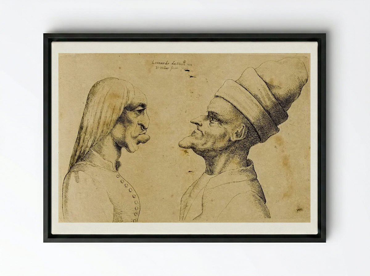 Two Deformed Heads Facing Each Other - Wenceslaus Hollar - Framed Canvas Black