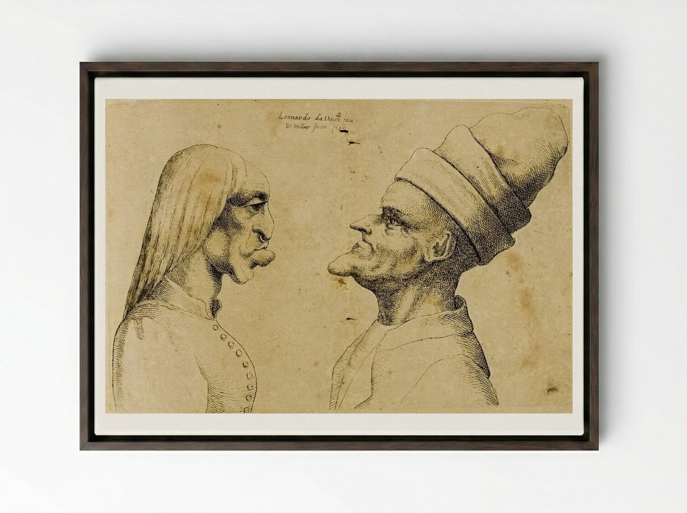 Two Deformed Heads Facing Each Other - Wenceslaus Hollar - Framed Canvas Dark Wood
