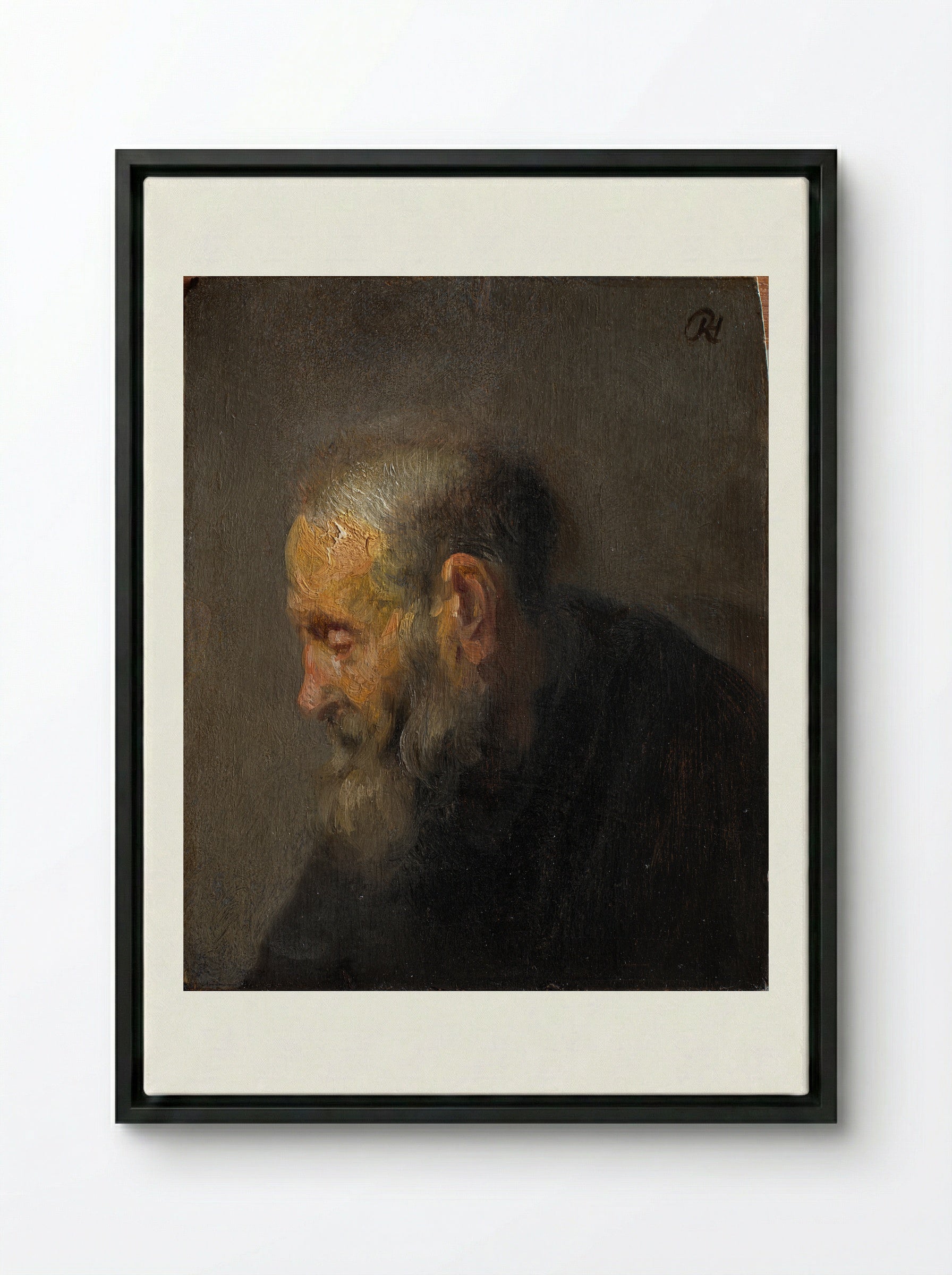 Study Head of an Old Man - Rembrandt van Rijn - Framed Canvas Black