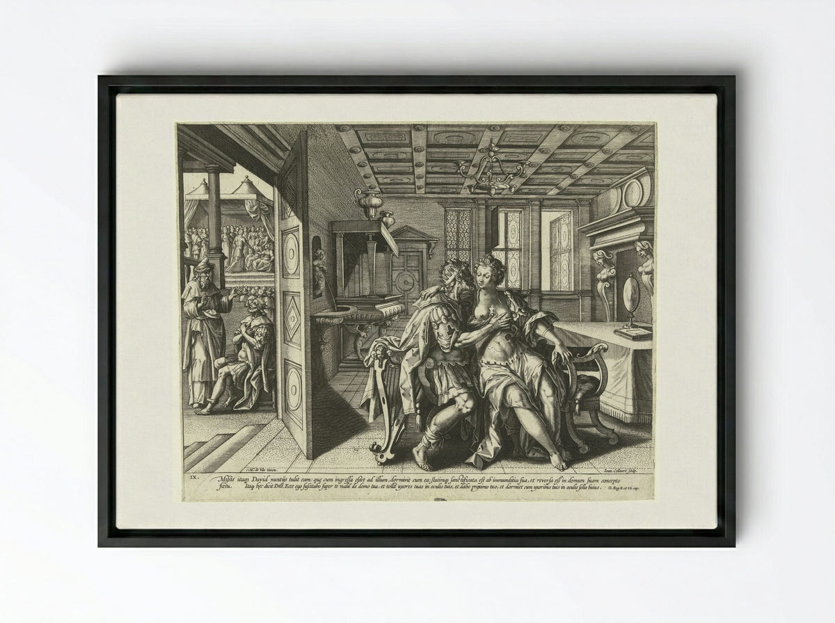 David and Bathsheba: The Ninth Commandment - Philips Galle - Framed Canvas Black