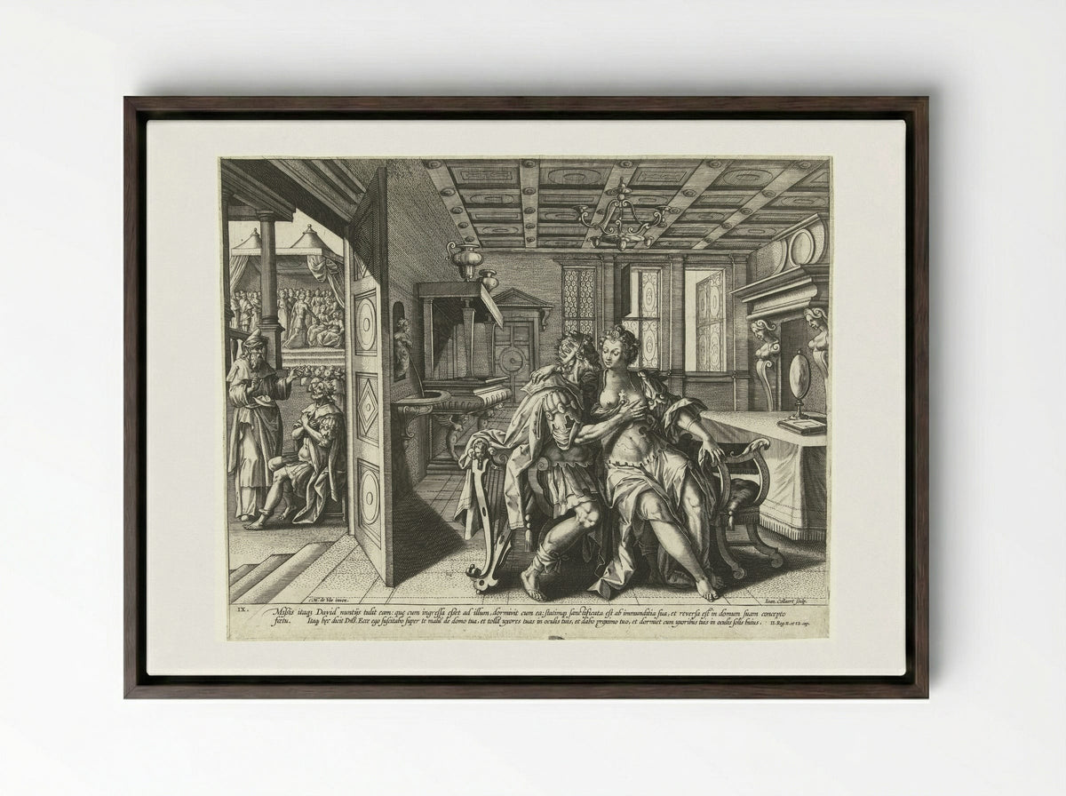 David and Bathsheba: The Ninth Commandment - Philips Galle - Framed Canvas Dark Wood