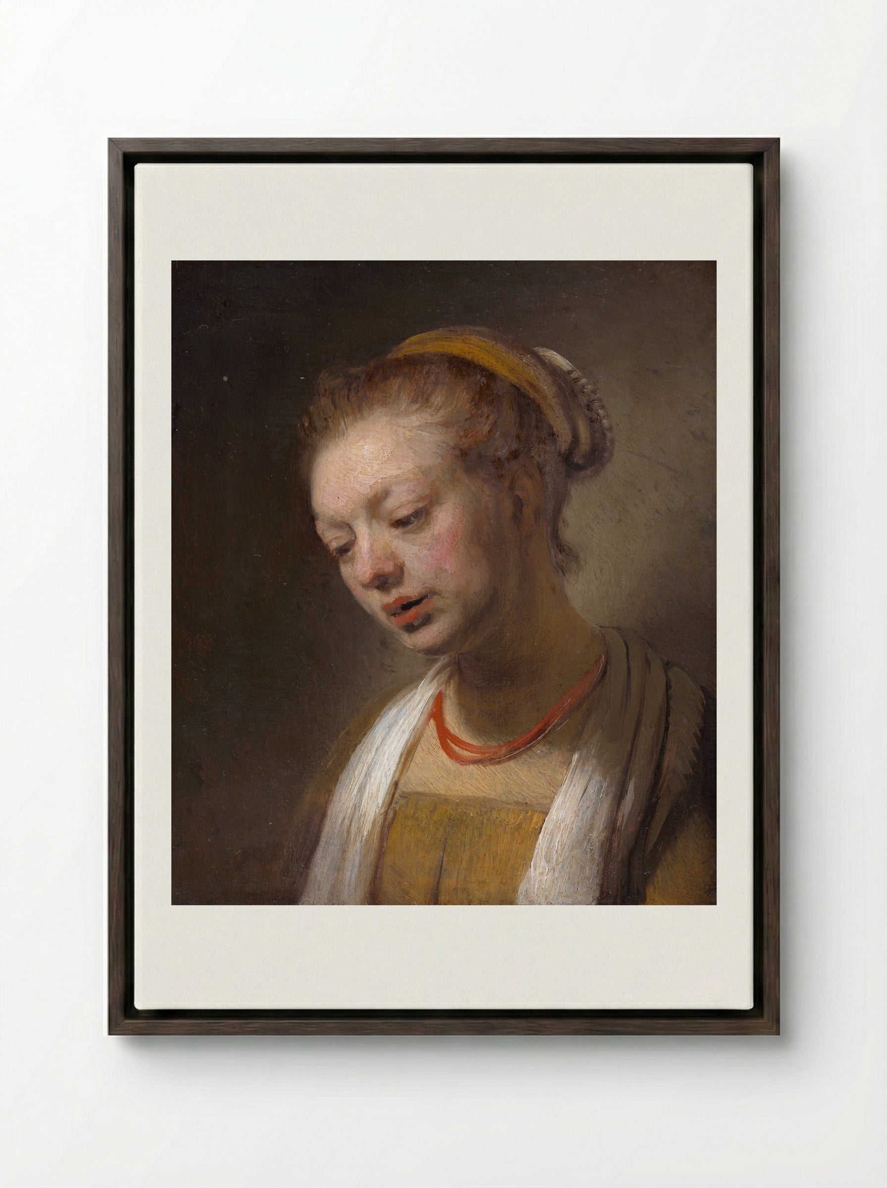 Young Woman with a Red Necklace - Rembrandt van Rijn - Framed Canvas Dark Wood