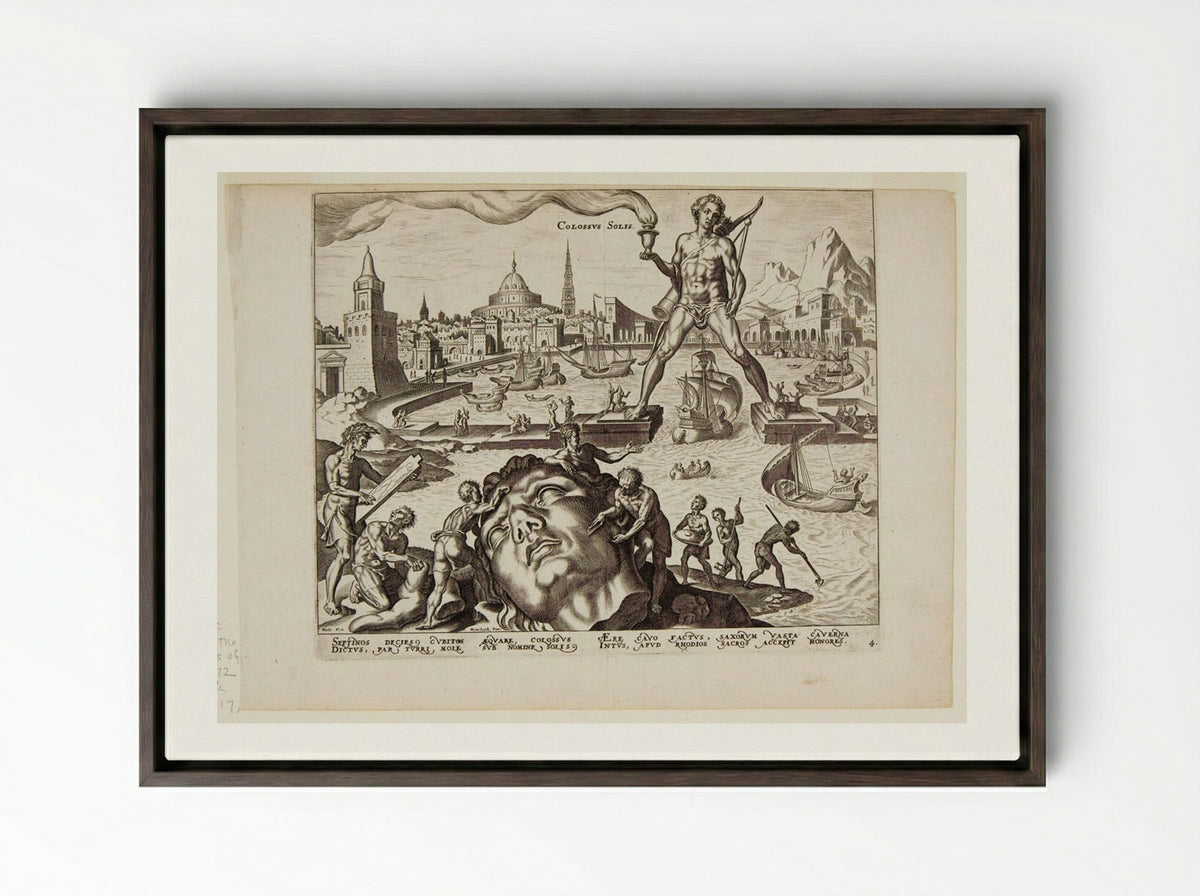 The Colossus of Rhodes - Philips Galle - Framed Canvas Dark Wood