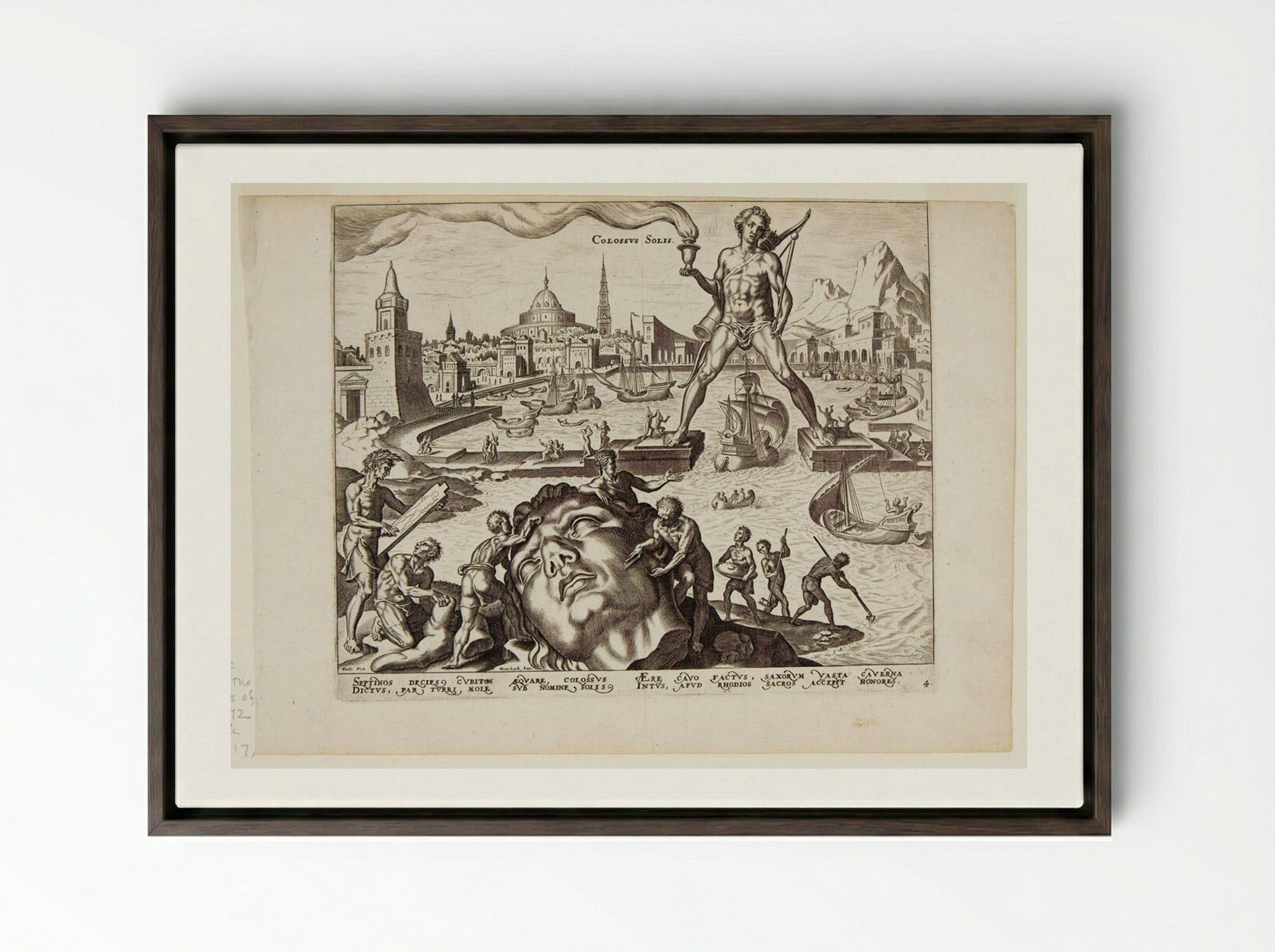 The Colossus of Rhodes - Philips Galle - Framed Canvas Dark Wood
